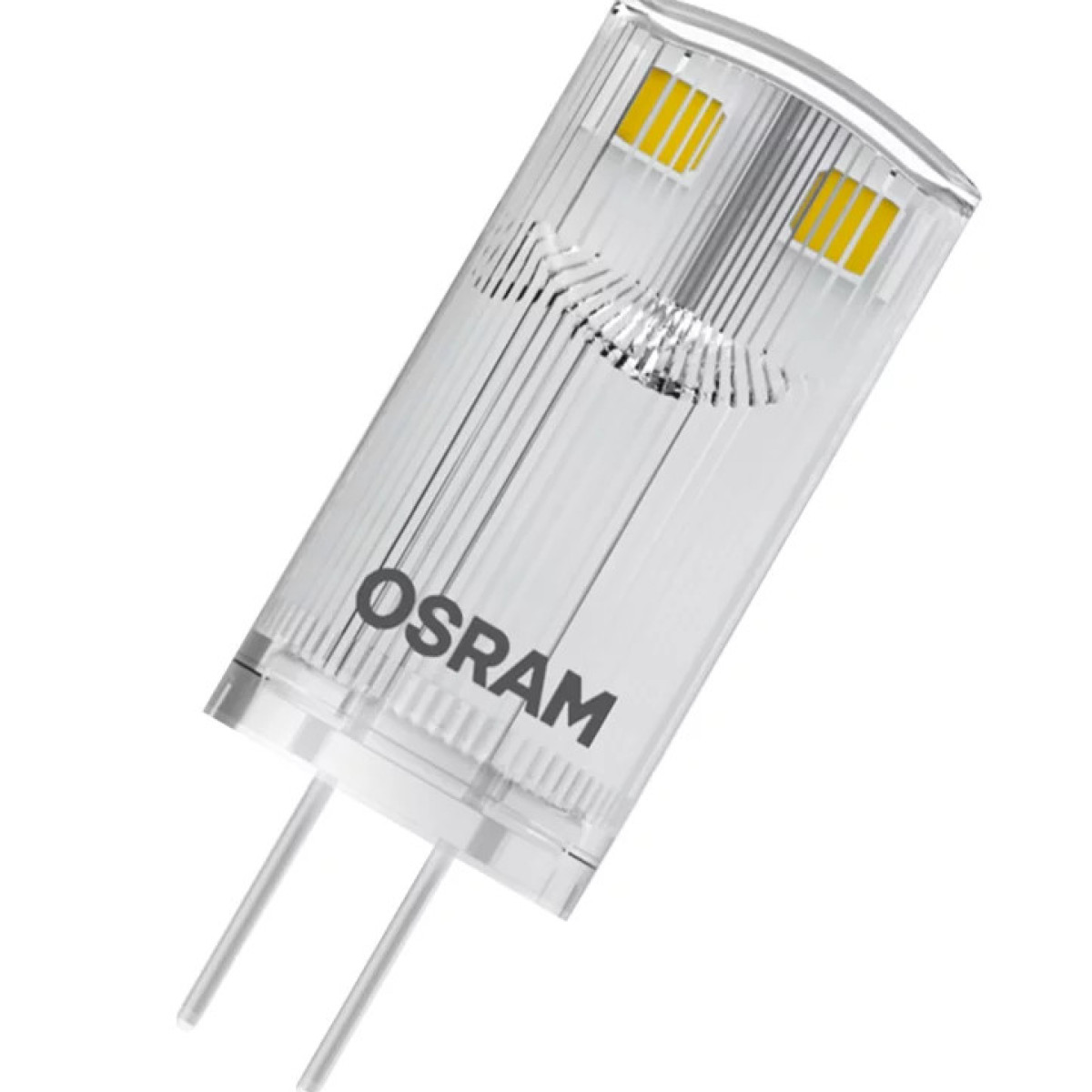 Lampadina LED OSRAM trasparente con due pin. La lampadina è trasparente con luci LED gialle all'interno.