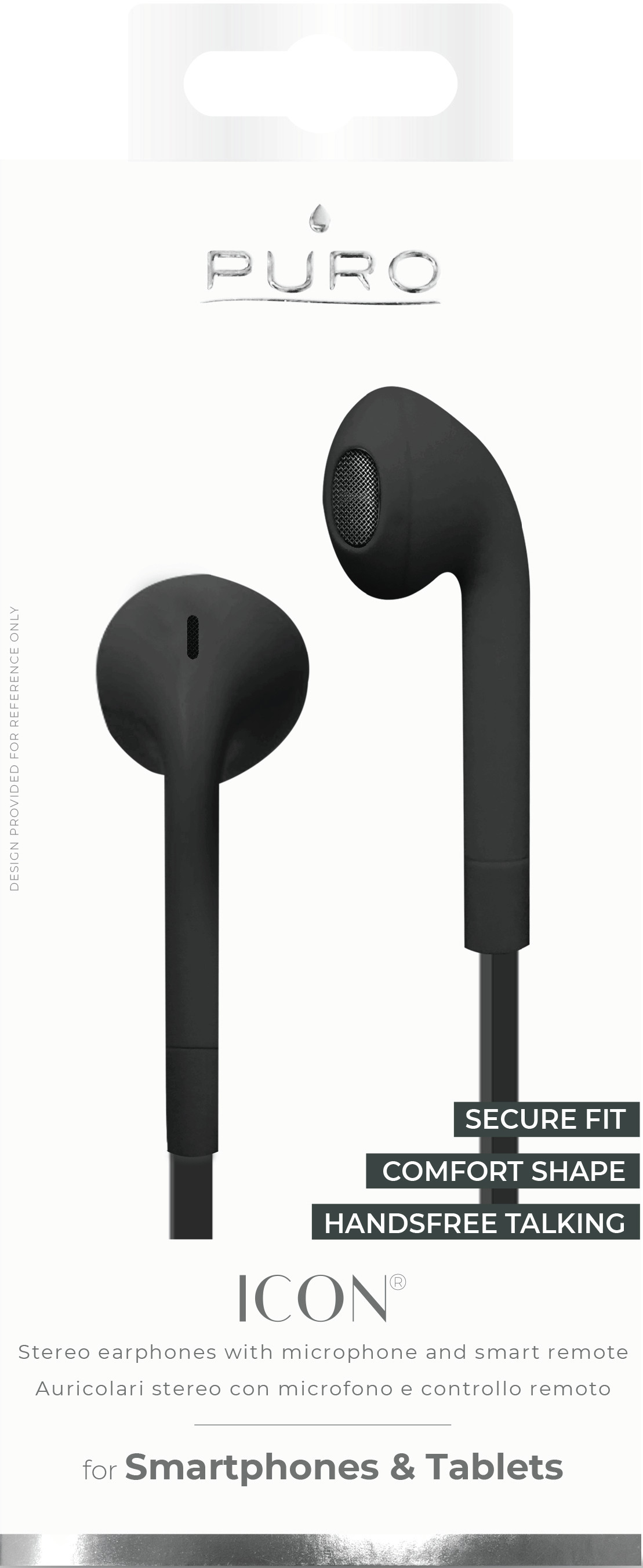 Auricolari neri Puro Icon con microfono. La confezione mostra il nome e 'per Smartphone & Tablet'.