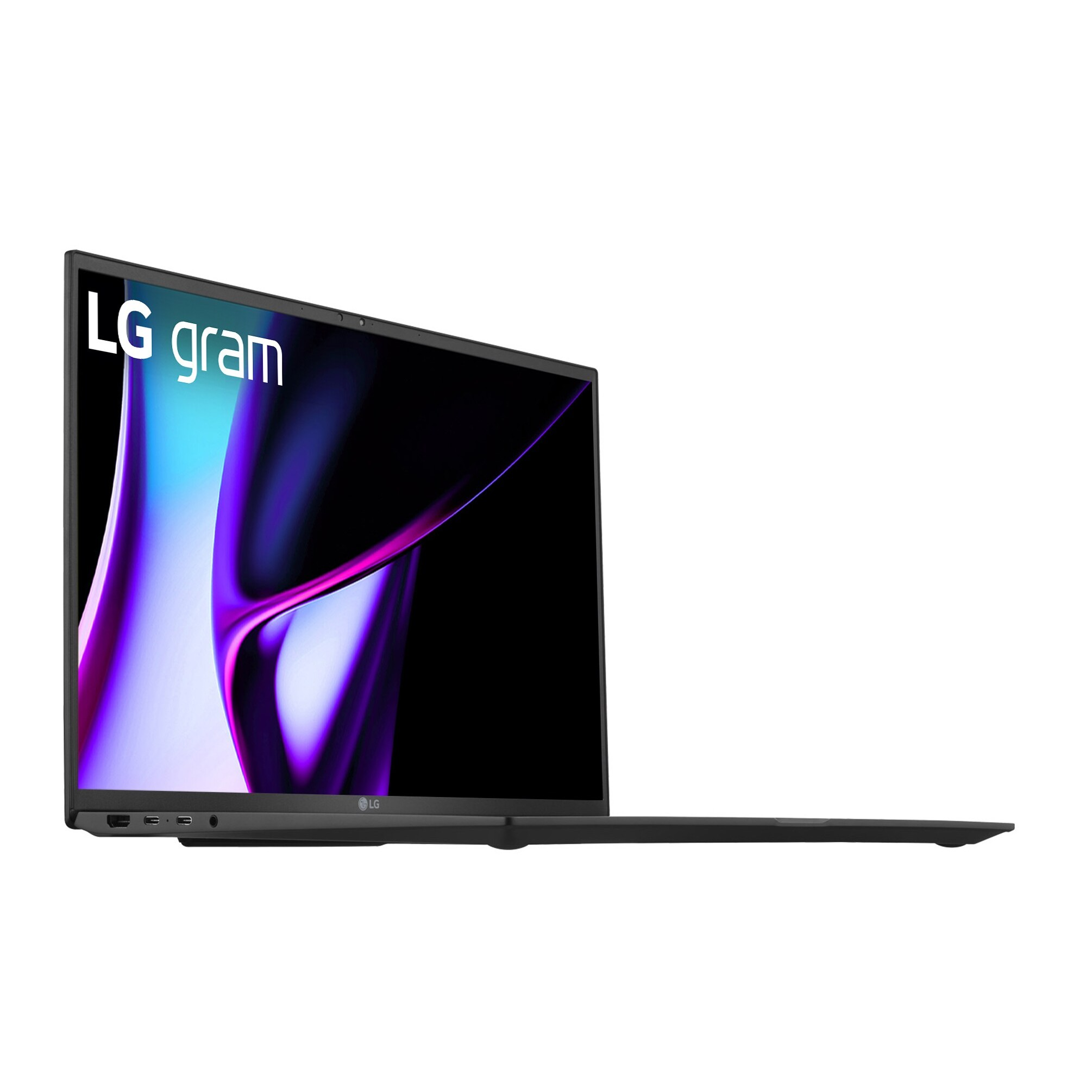 Laptop LG gram nero, vista laterale, aperto. Mostra lo schermo, le porte e il design sottile. Sfondo bianco.