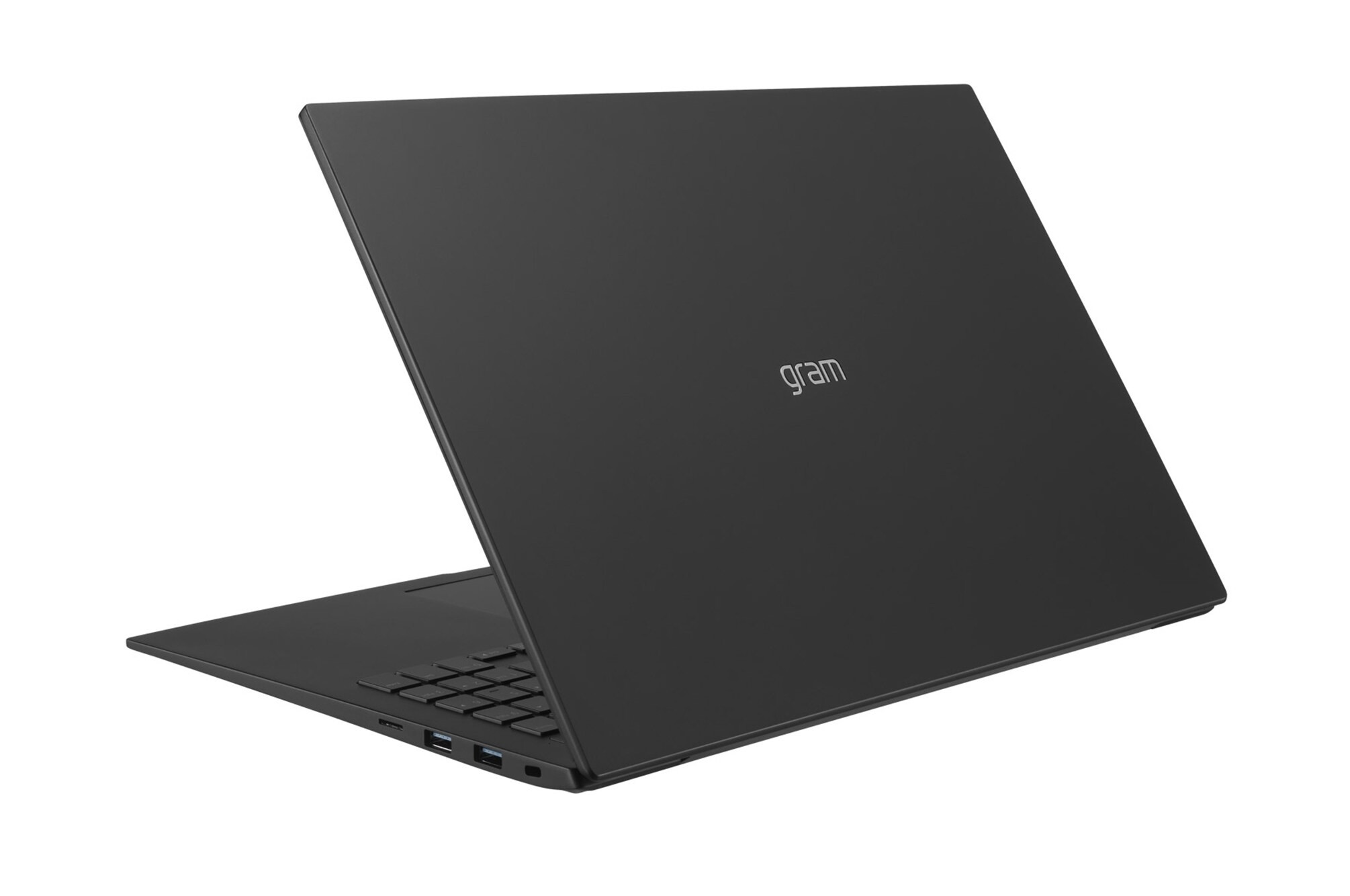 Laptop LG gram nero, chiuso, su sfondo bianco. Il retro mostra il logo gram e alcune porte.