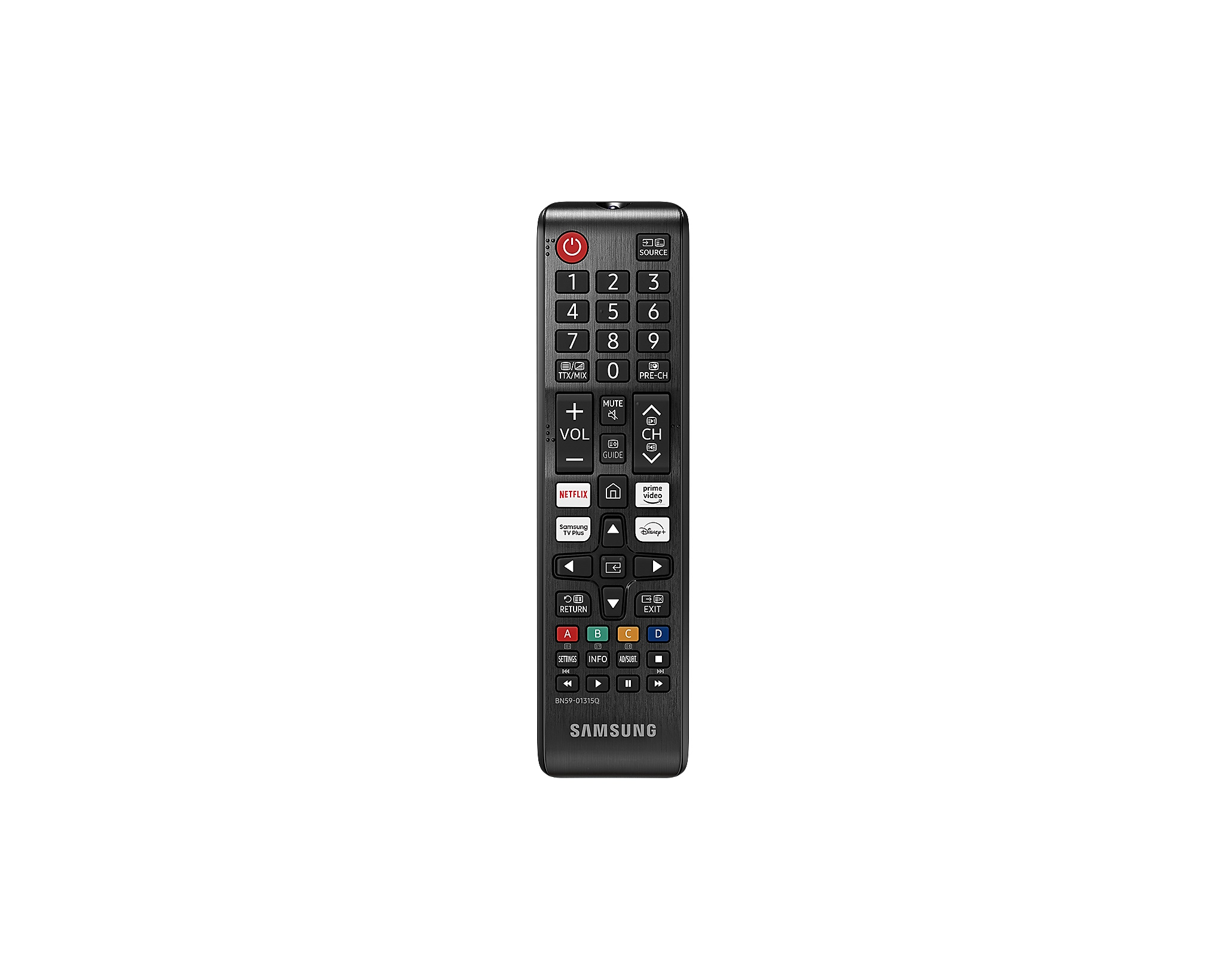 Schwarze Samsung TV-Fernbedienung auf weißem Hintergrund. Mit Tasten, Zahlen und Streaming-Dienst-Verknüpfungen.