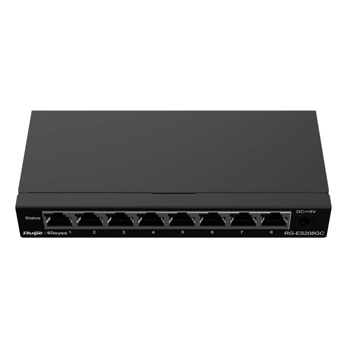 Switch di rete nero con 8 porte ed etichette. Logo 'Rujie Reyee' presente.