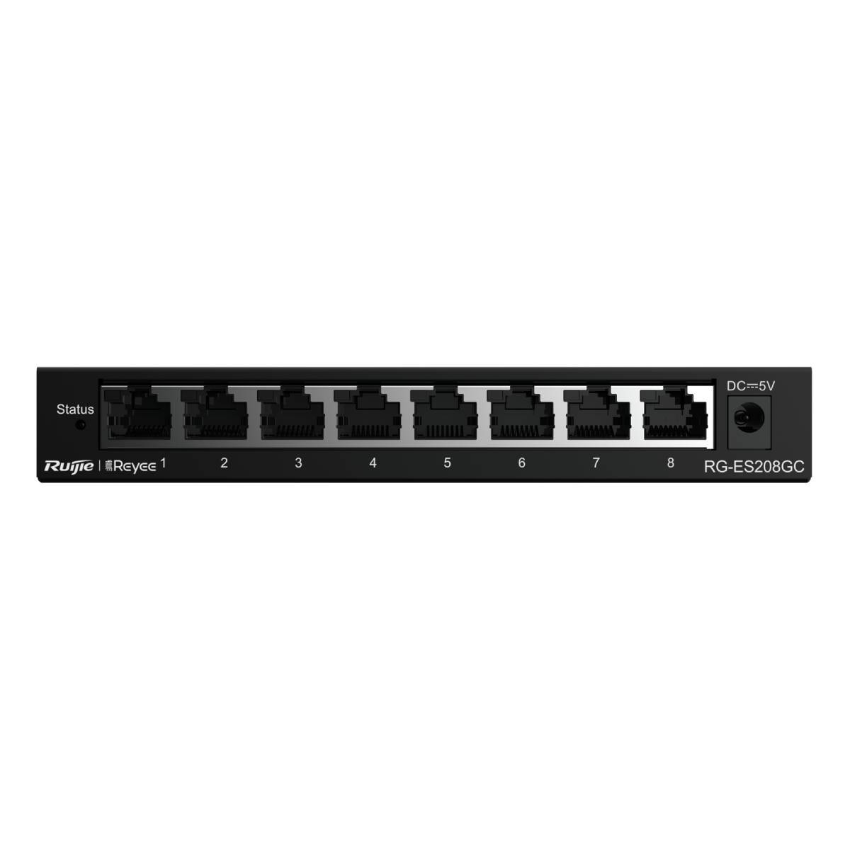 Switch di rete nero con 8 porte ed etichette. Logo 'Rujie Reyee' presente.