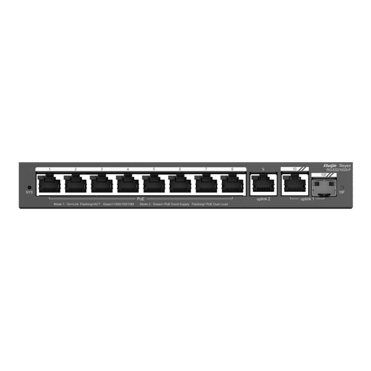 Switch di rete nero con 10 porte ed etichette. Logo 'Rujie Reyee' presente.