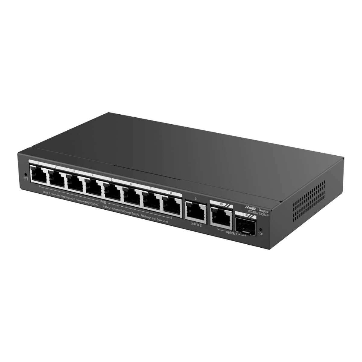 Switch di rete nero con 10 porte. Logo 'Rujie Reyee' sul lato. Sfondo nero.