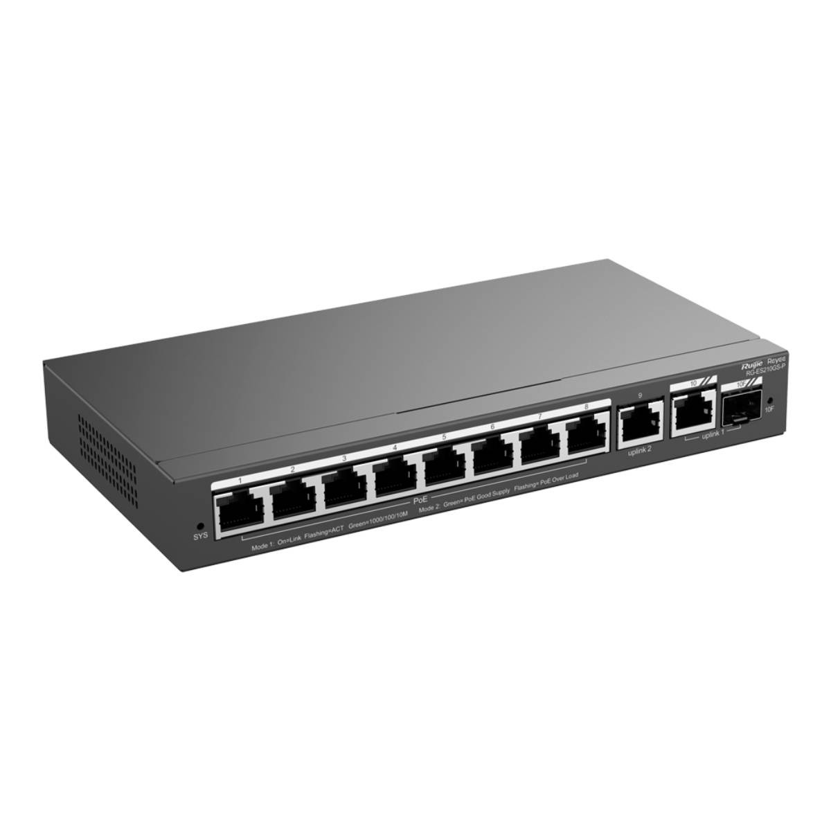 Switch di rete nero con 8 porte ed etichette. Logo 'Rujie Reyee' presente.