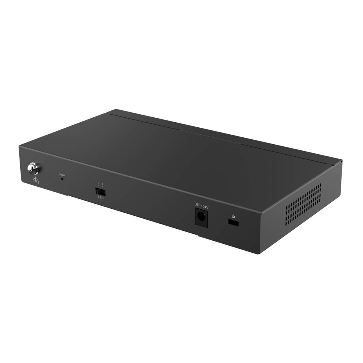 Dispositivo nero con pulsante di ripristino e indicatori LED. Vista prospettica.