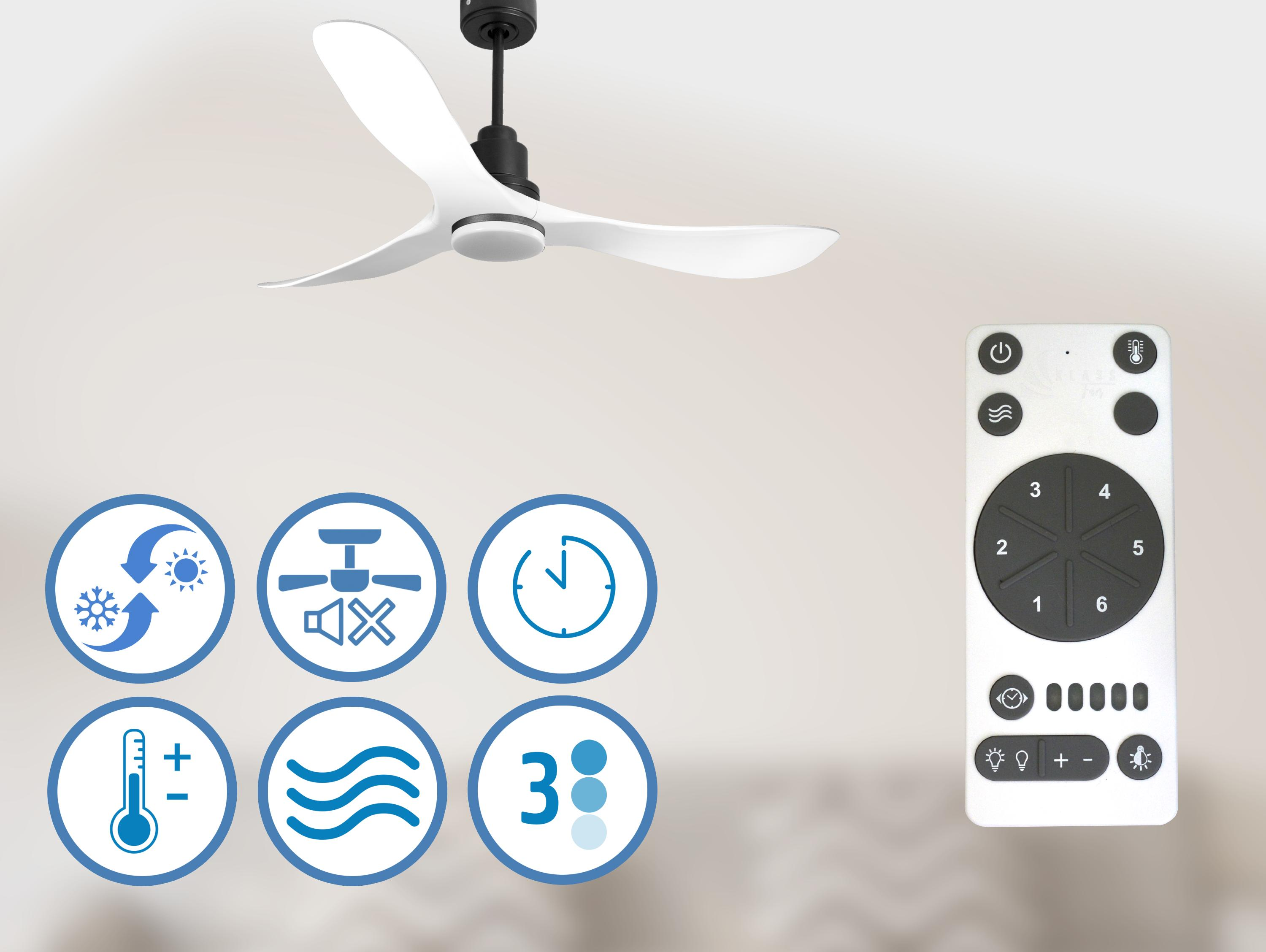 Ventilador de techo con aspas blancas y motor negro. Se muestran iconos y mando a distancia.