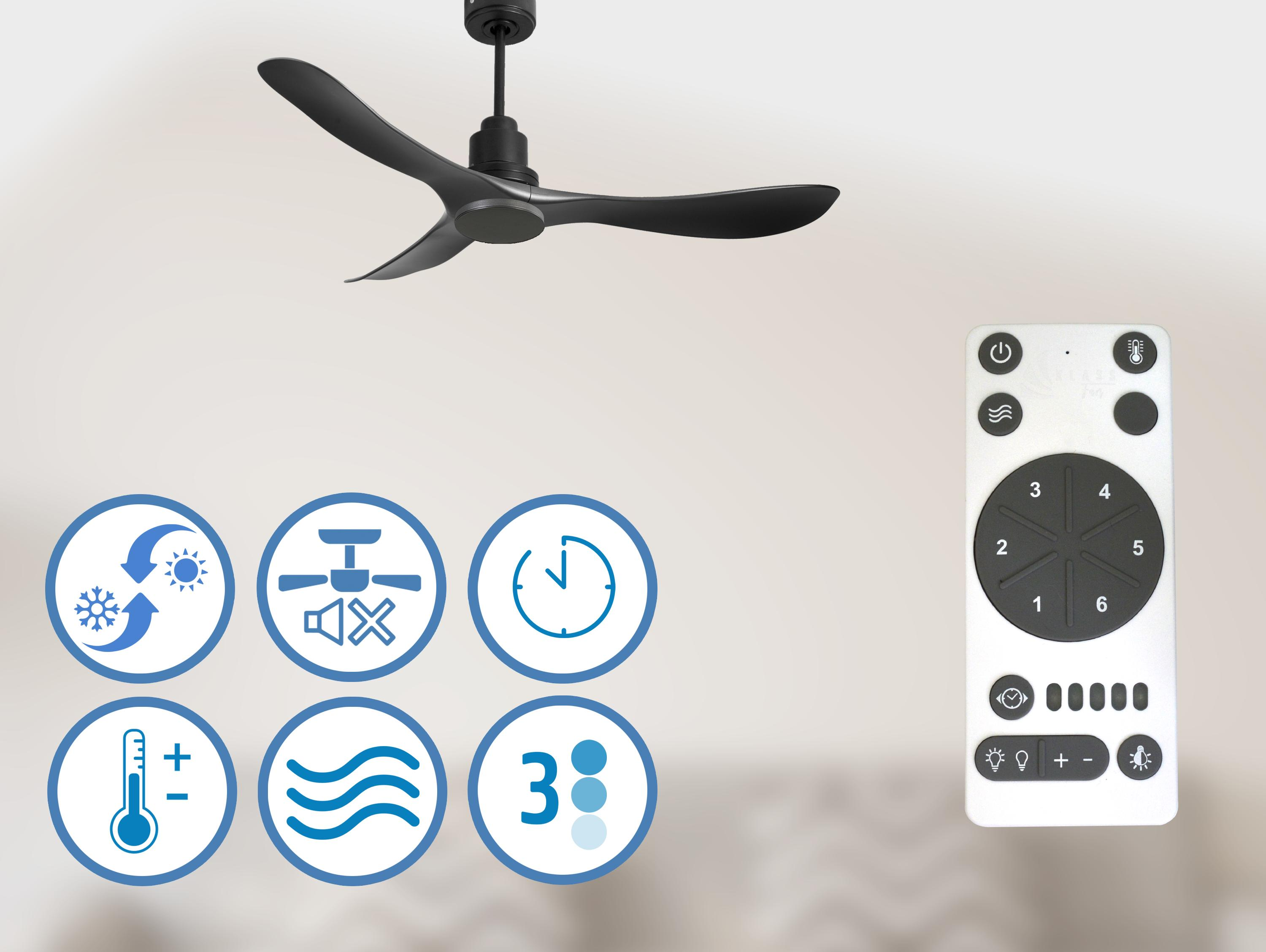 Ventilador de techo con aspas negras y mando a distancia. Iconos de ajustes a la izquierda, mando a la derecha.
