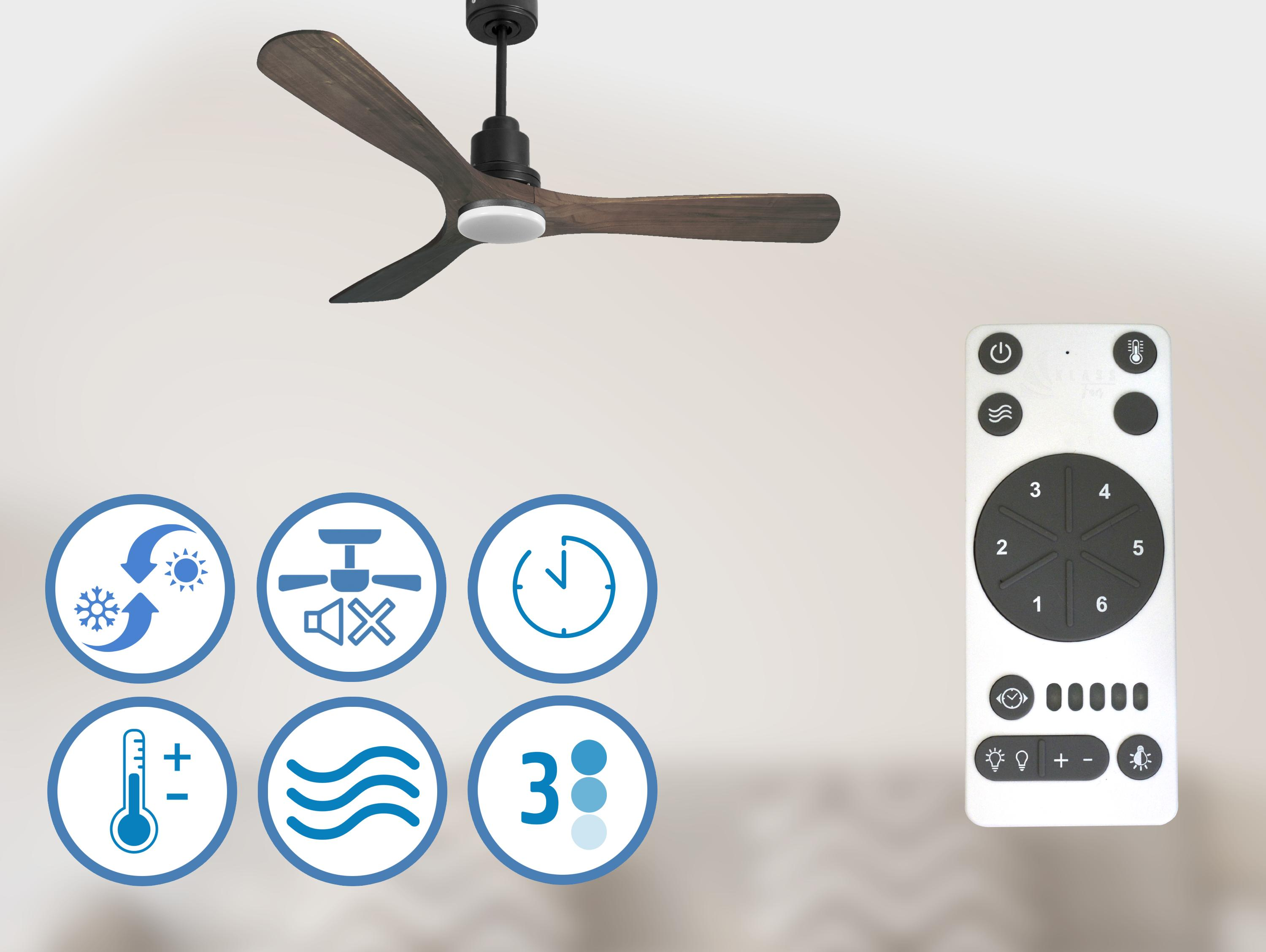 Un ventilador de techo con aspas de madera y un mando a distancia. Los iconos de las funciones se muestran cerca del ventilador.