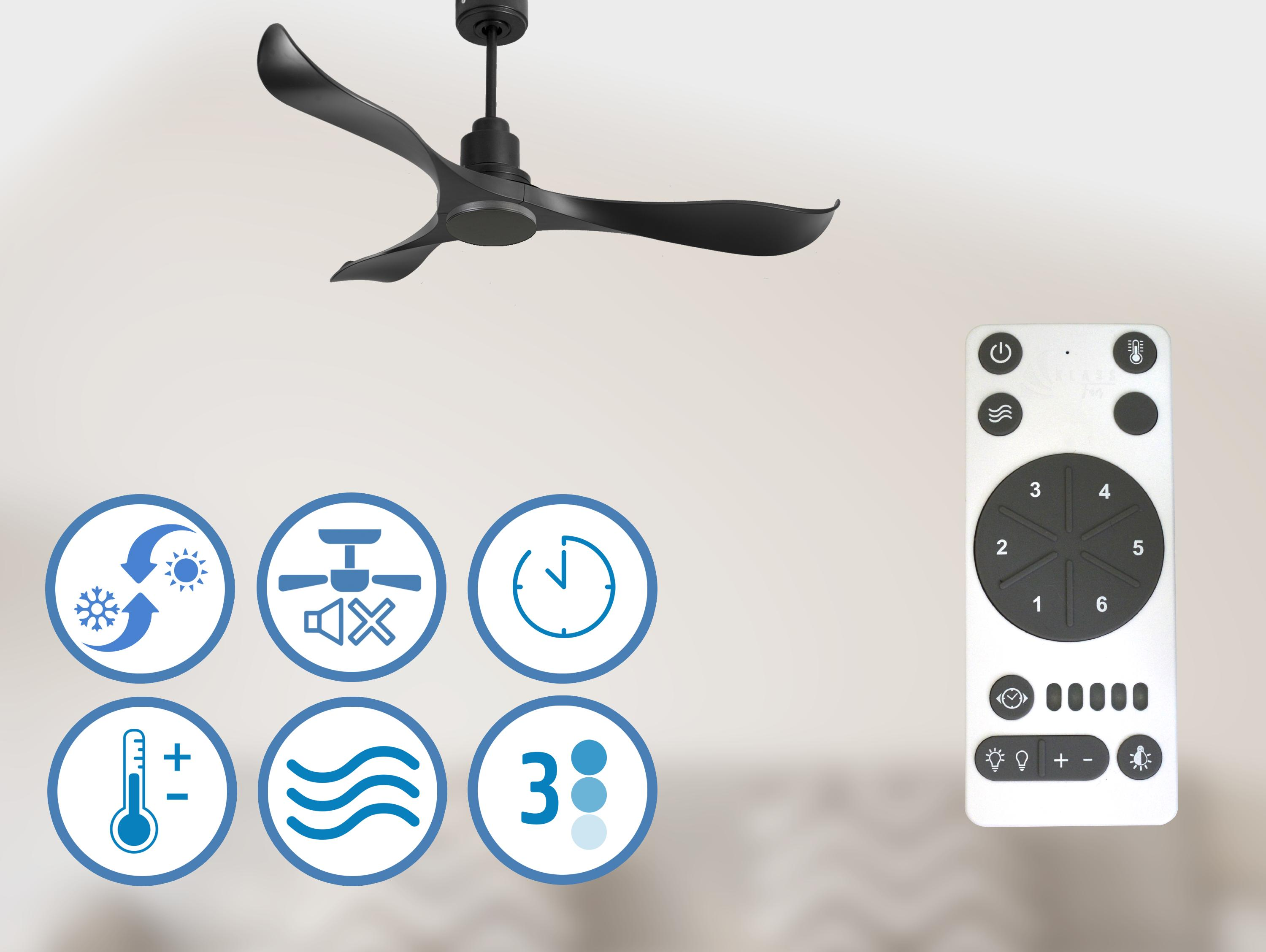 Ventilador de techo, mando y iconos. Los iconos representan funciones como refrigeración, temporizador y velocidad.