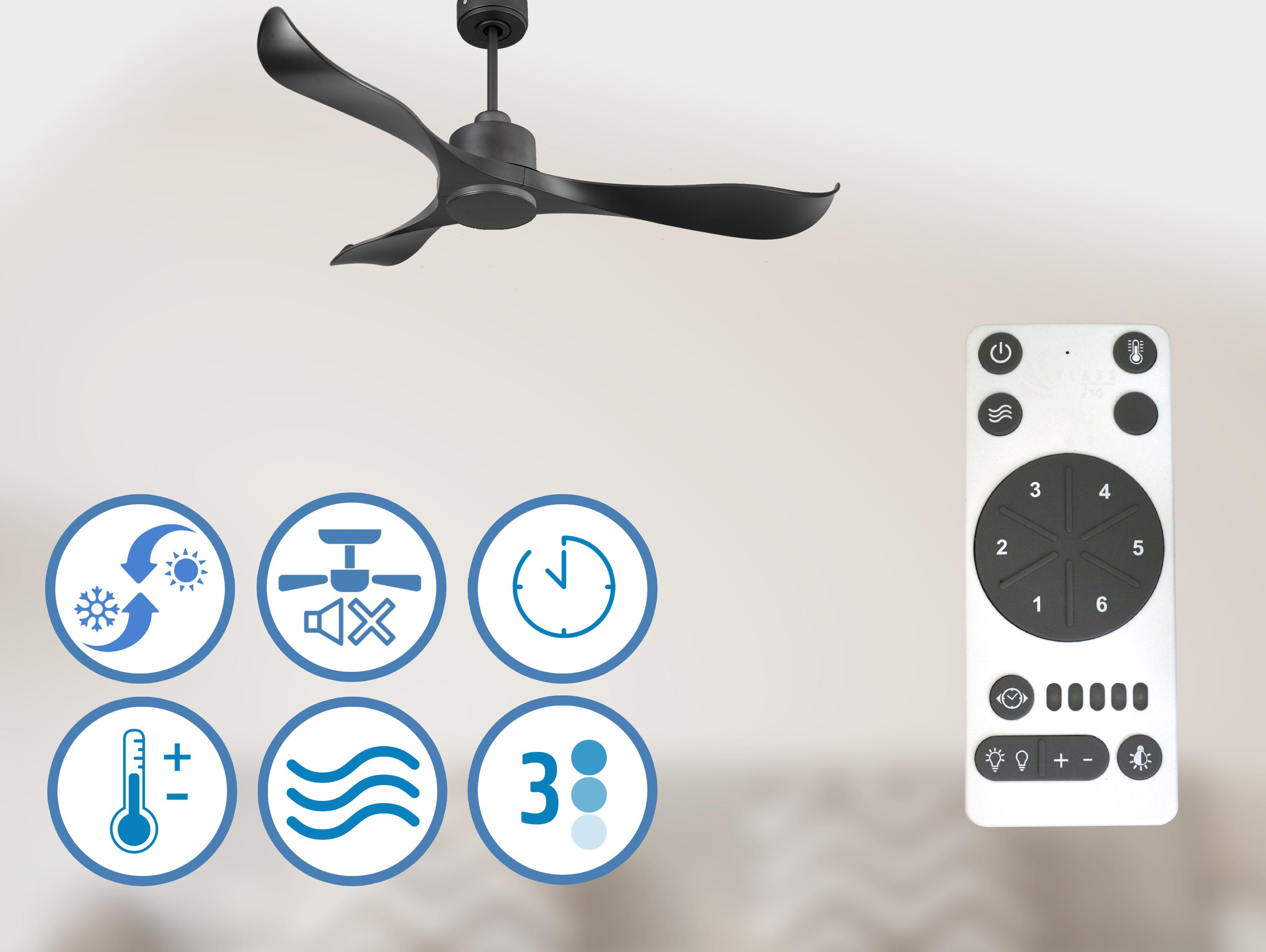 Ventilador de techo negro, iconos y mando a distancia. Fondo blanco.