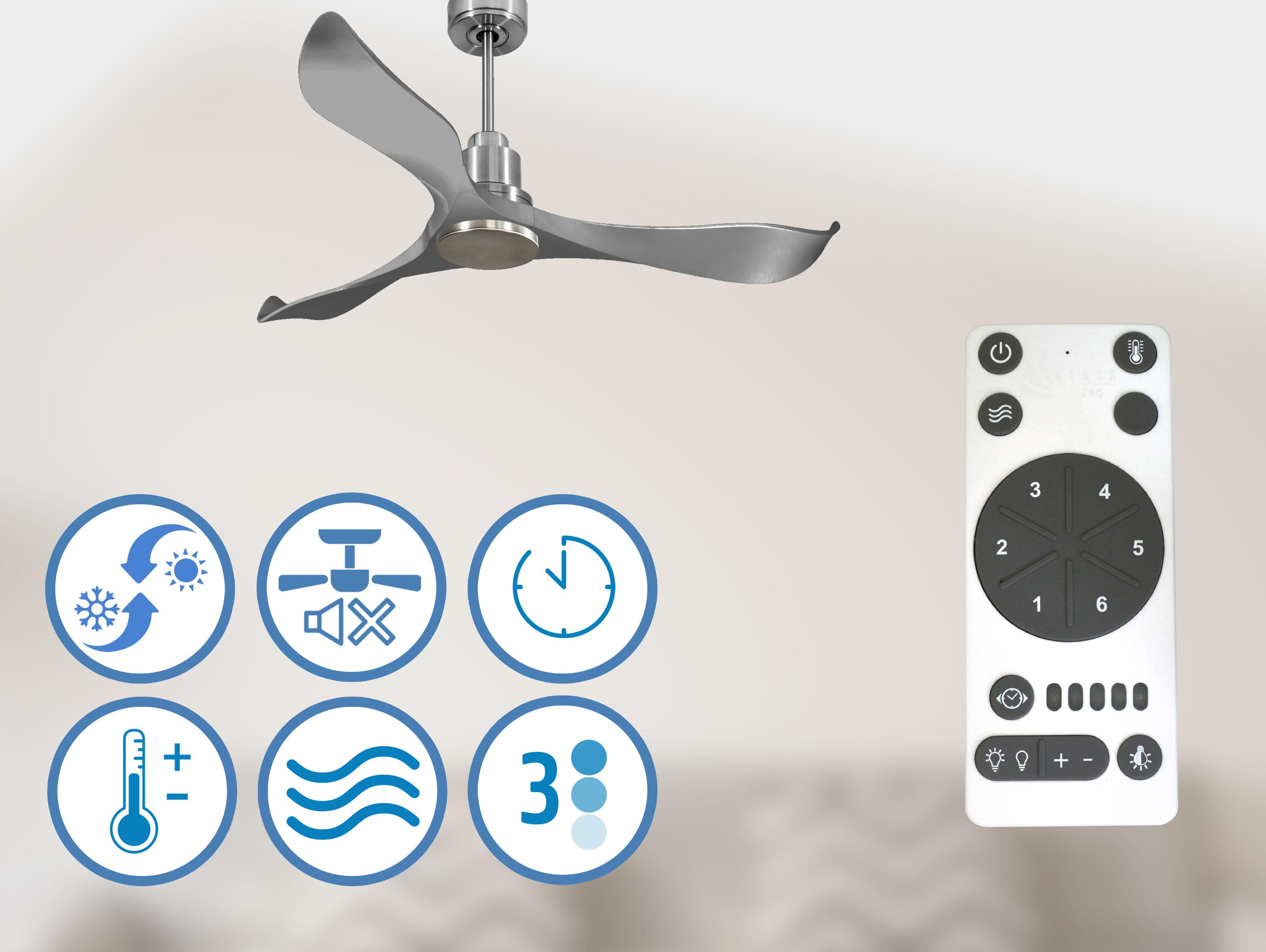 Ventilador de techo con aspas grises y mando a distancia. También se ven iconos de funciones.