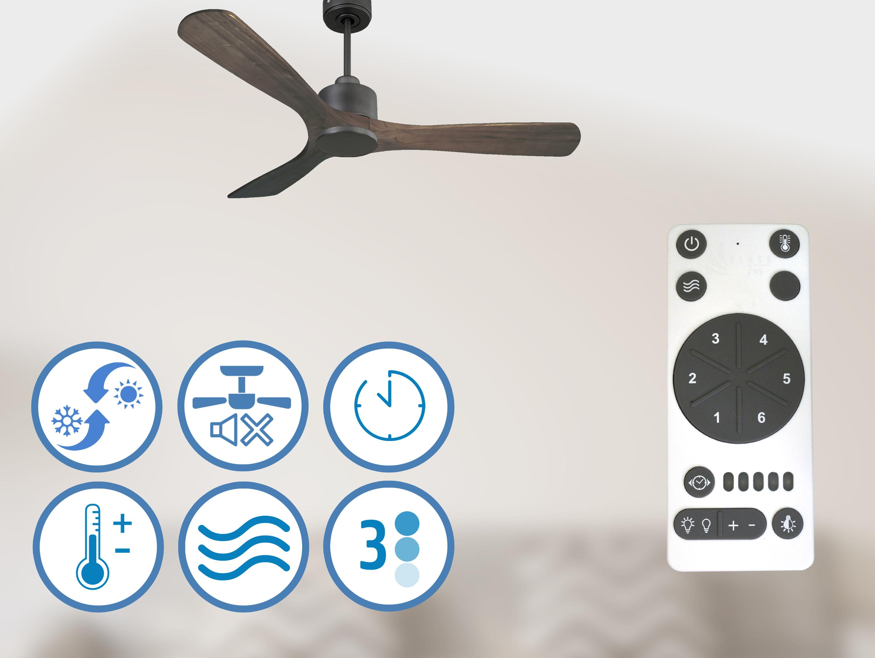 Ventilador de techo con aspas de madera oscura, iconos de control y mando.