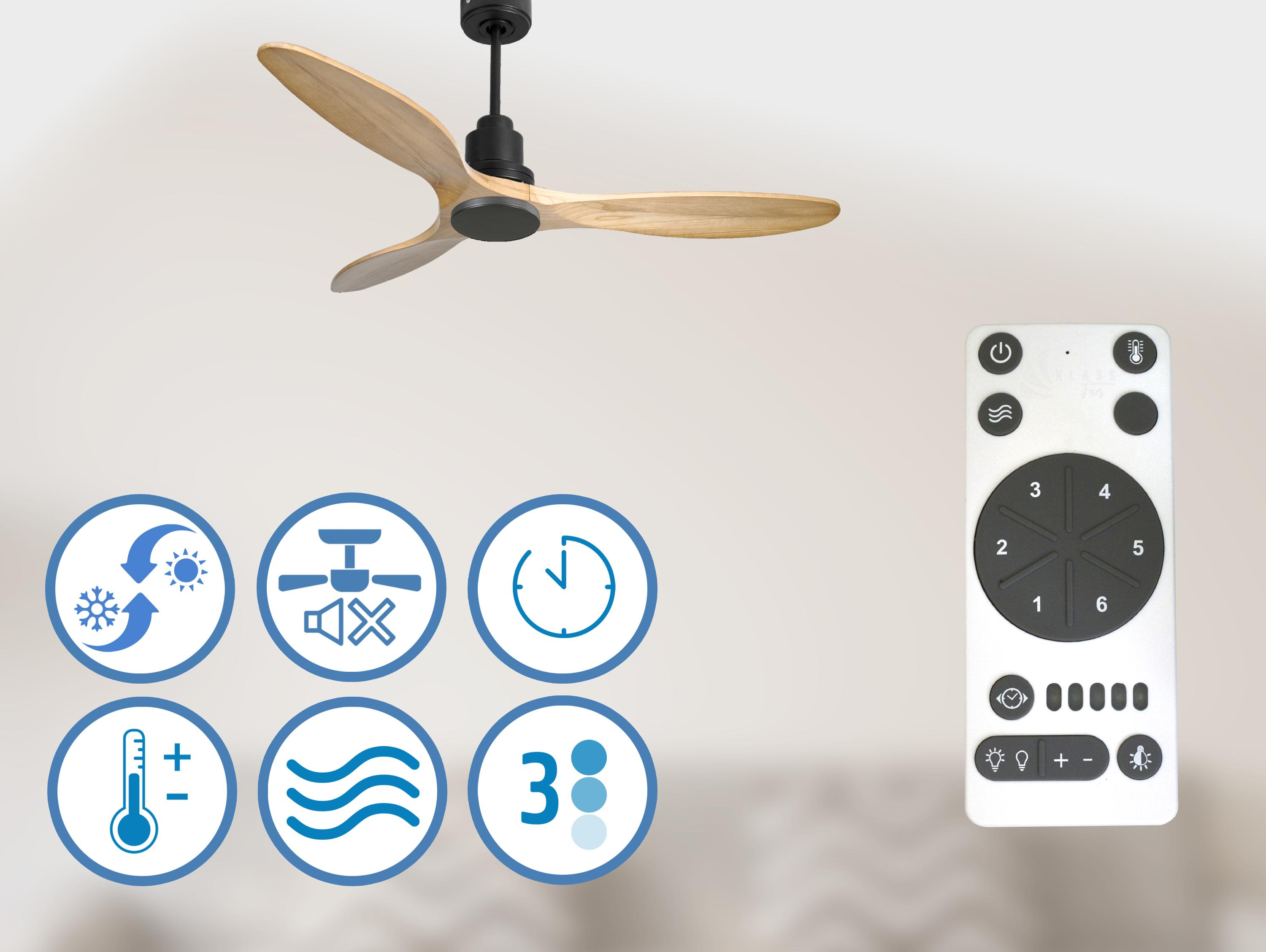 Ventilador de techo con aspas de madera, mando a distancia e iconos de funciones sobre fondo claro.