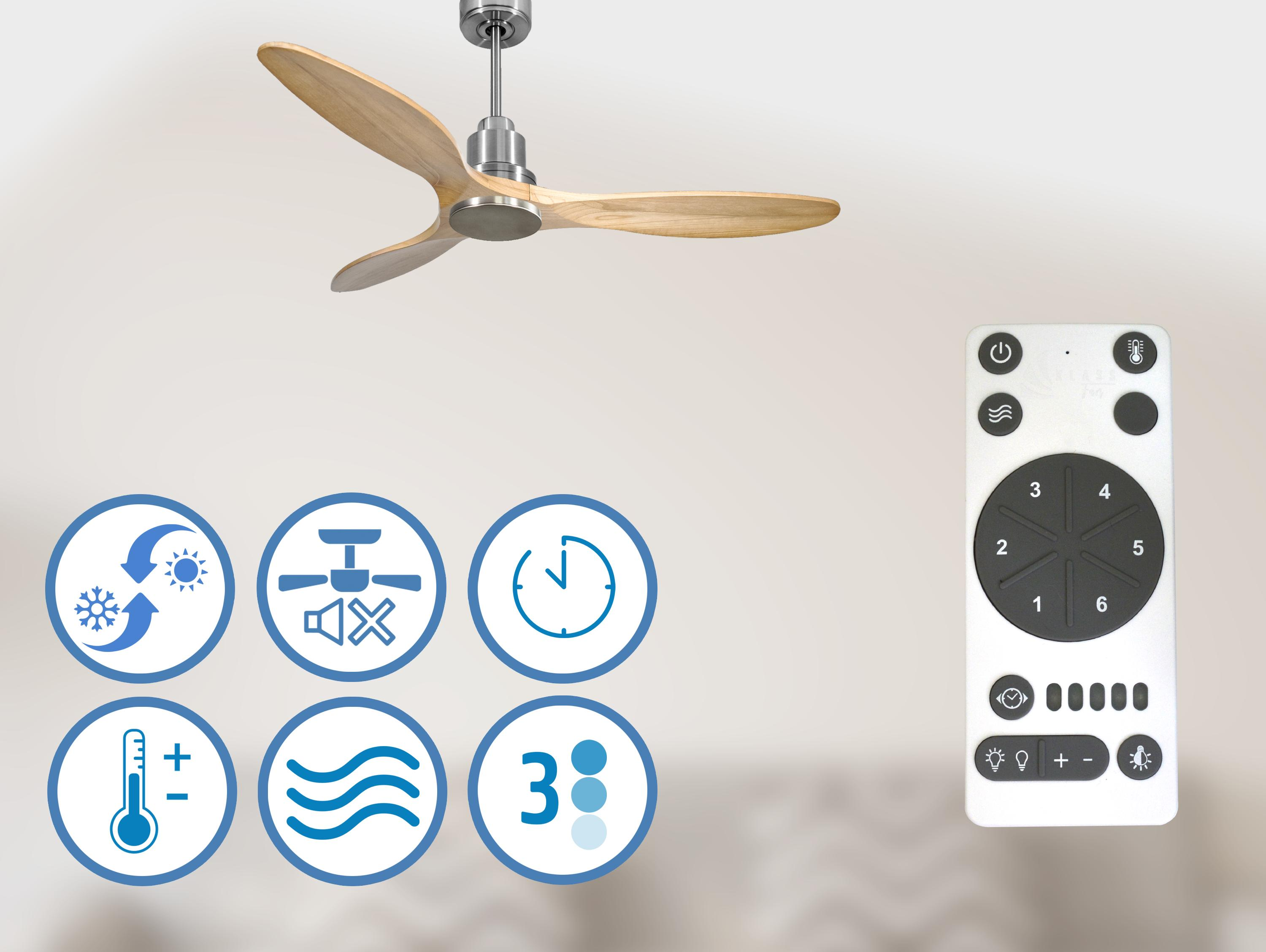 Ventilador de techo con aspas de madera, mando a distancia e iconos. Incluye iconos de funciones del ventilador.