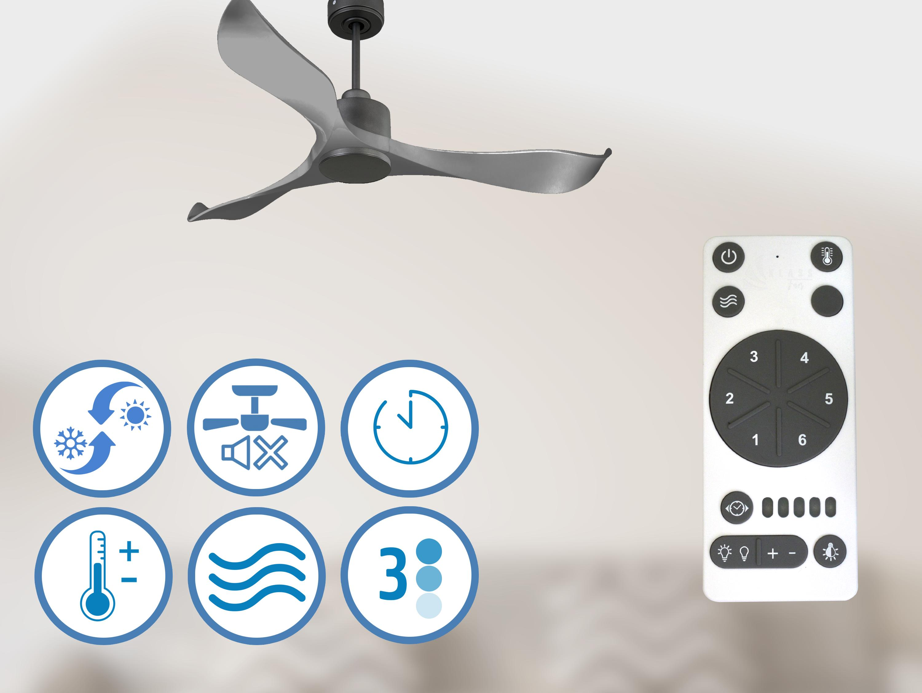 Ventilador de techo con aspas grises y mando a distancia.