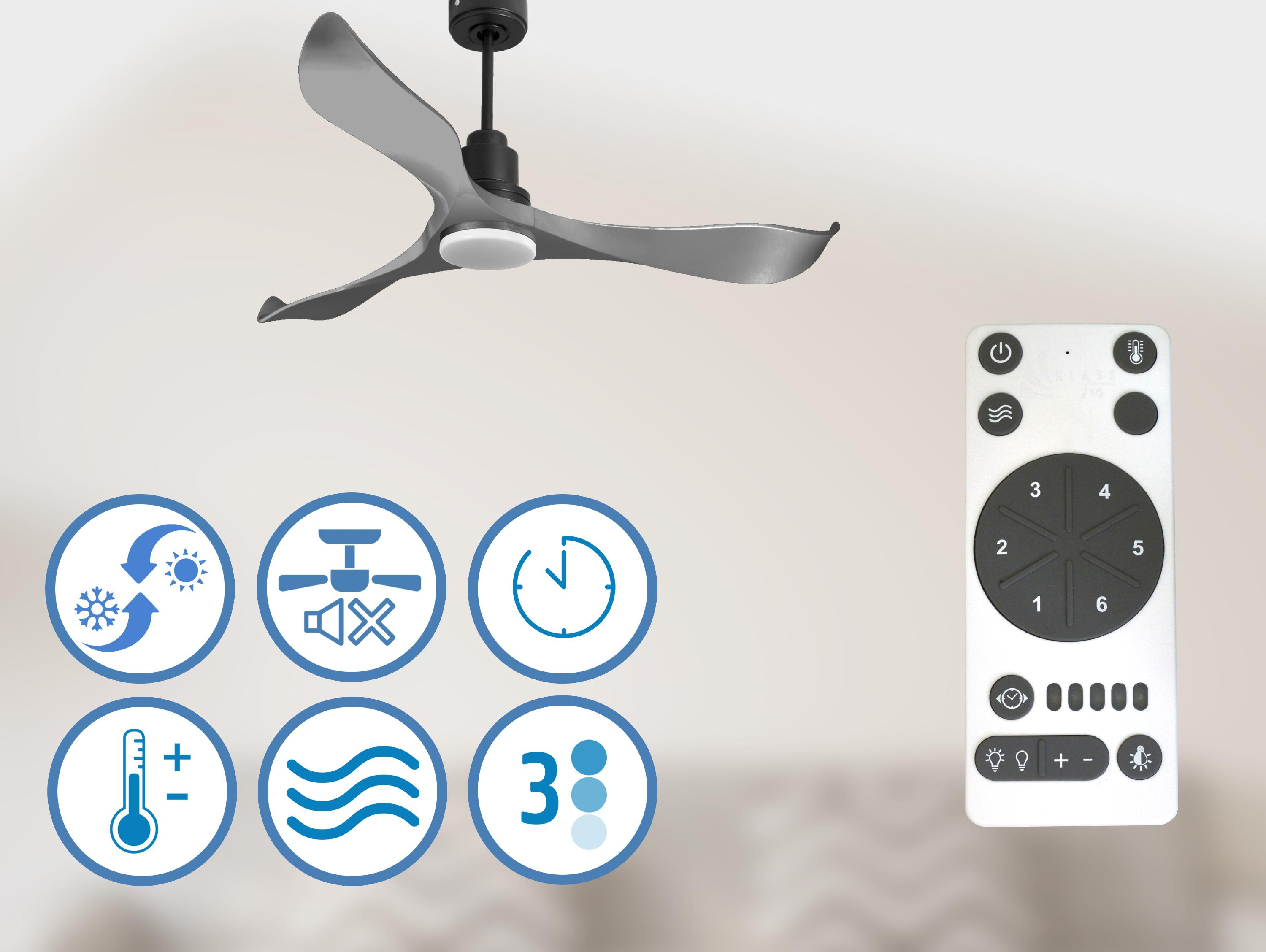 Ventilador de techo con aspas grises y un mando a distancia con iconos de funciones.