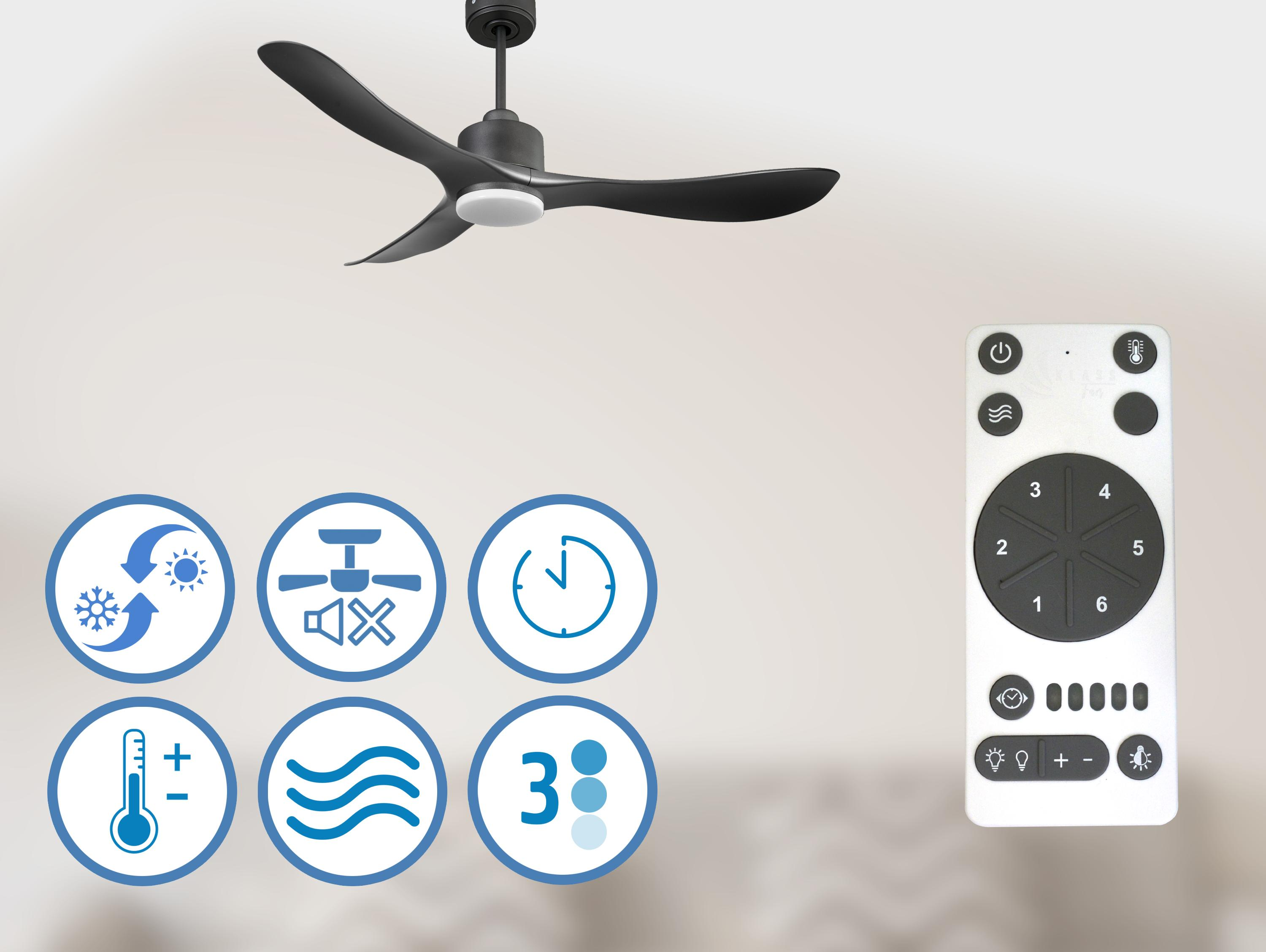 Ventilador de techo negro con mando a distancia. Aspas negras. Iconos presentes.