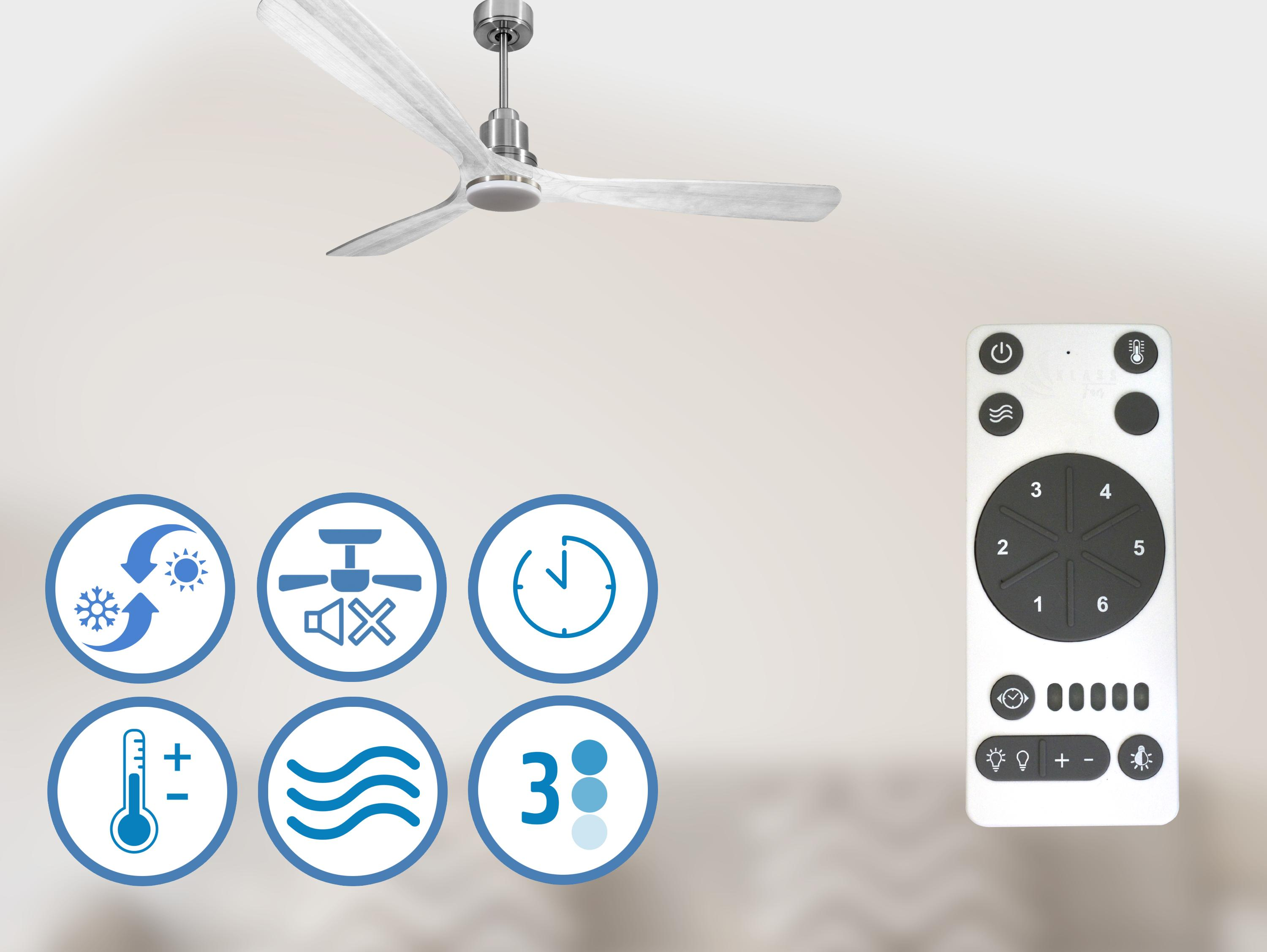 Un ventilador de techo y un mando a distancia con iconos, incluyendo aire acondicionado y velocidad del ventilador.