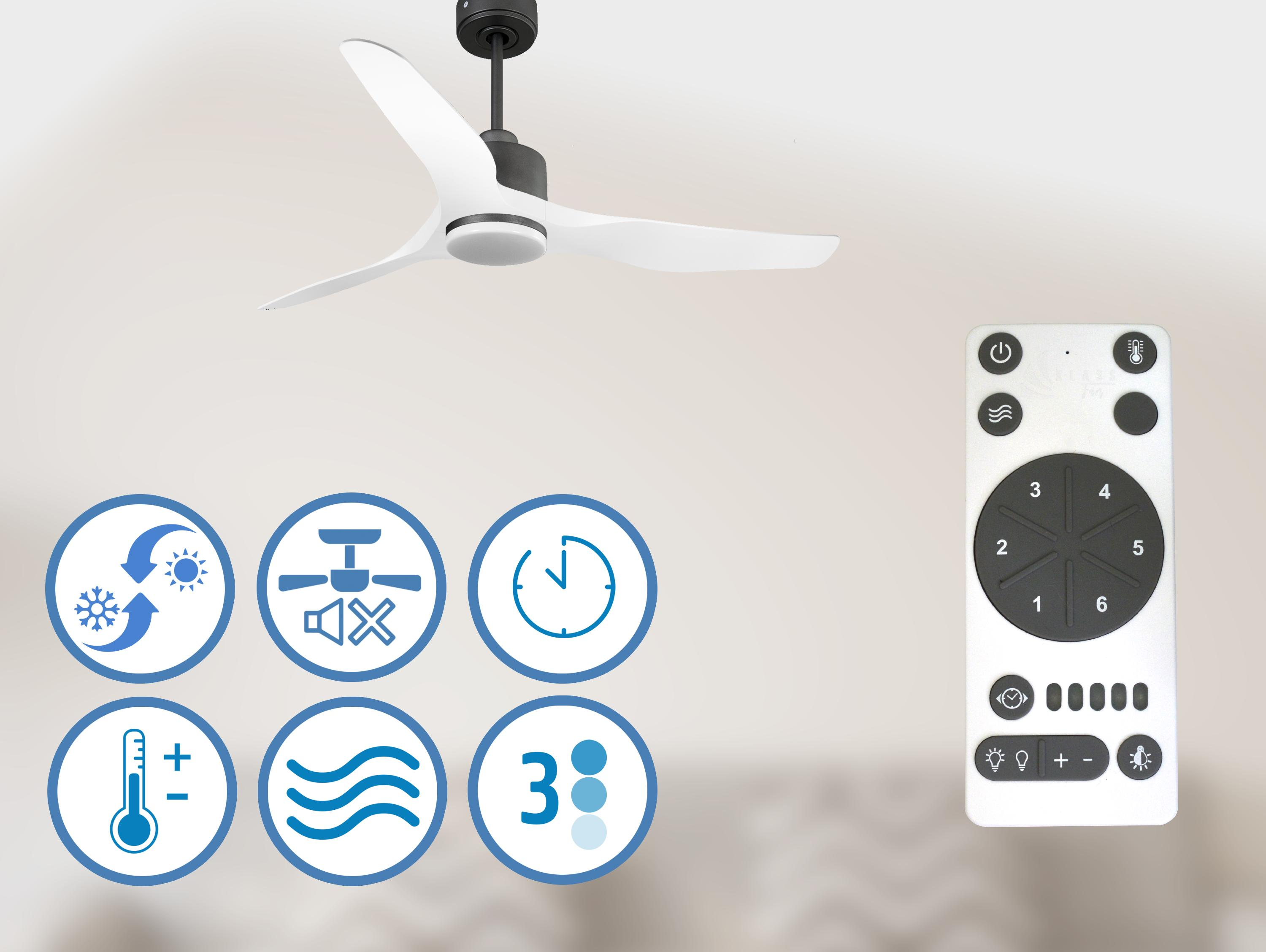 Ventilador de techo blanco con tres aspas. Mando a distancia e iconos de función a la derecha.