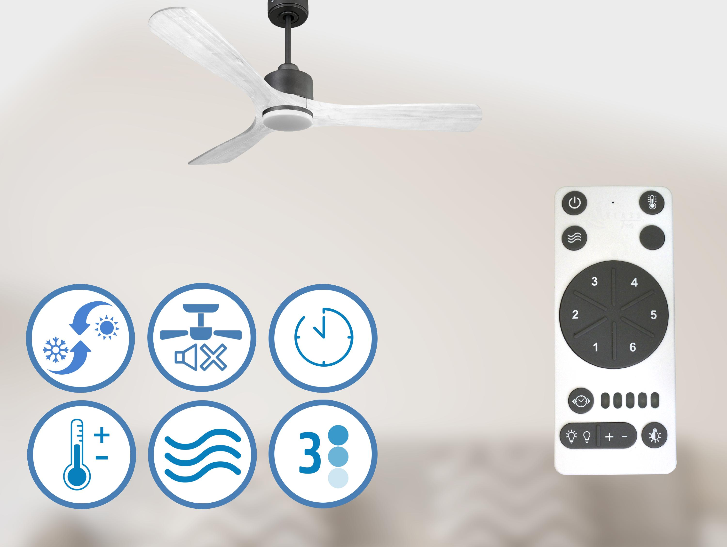 Ventilador de techo blanco con aspas de madera clara e iconos de control remoto sobre fondo claro.