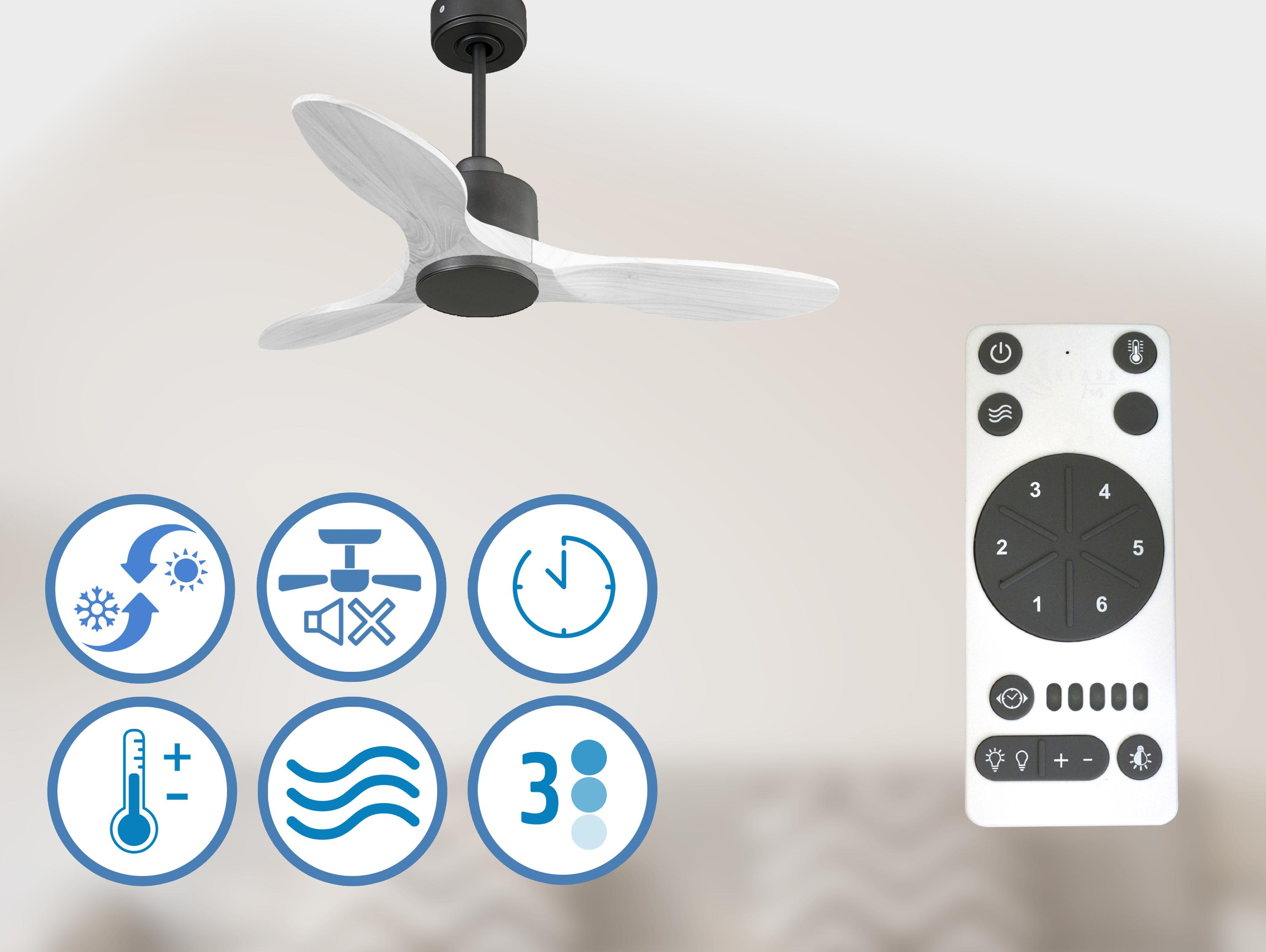 Un ventilador de techo y un mando a distancia con iconos, incluyendo aire acondicionado y velocidad del ventilador.