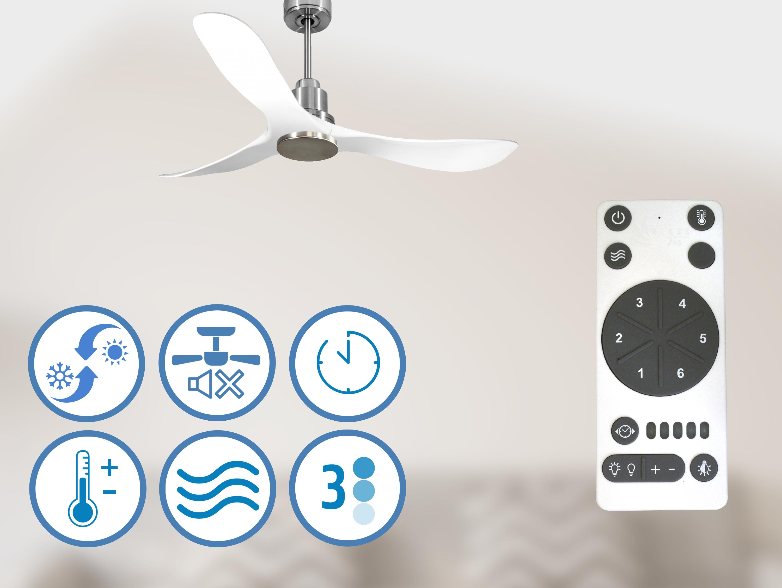 Ventilador de techo blanco con aspas curvas, mando a distancia e iconos de control para temperatura, temporizador y silencio.