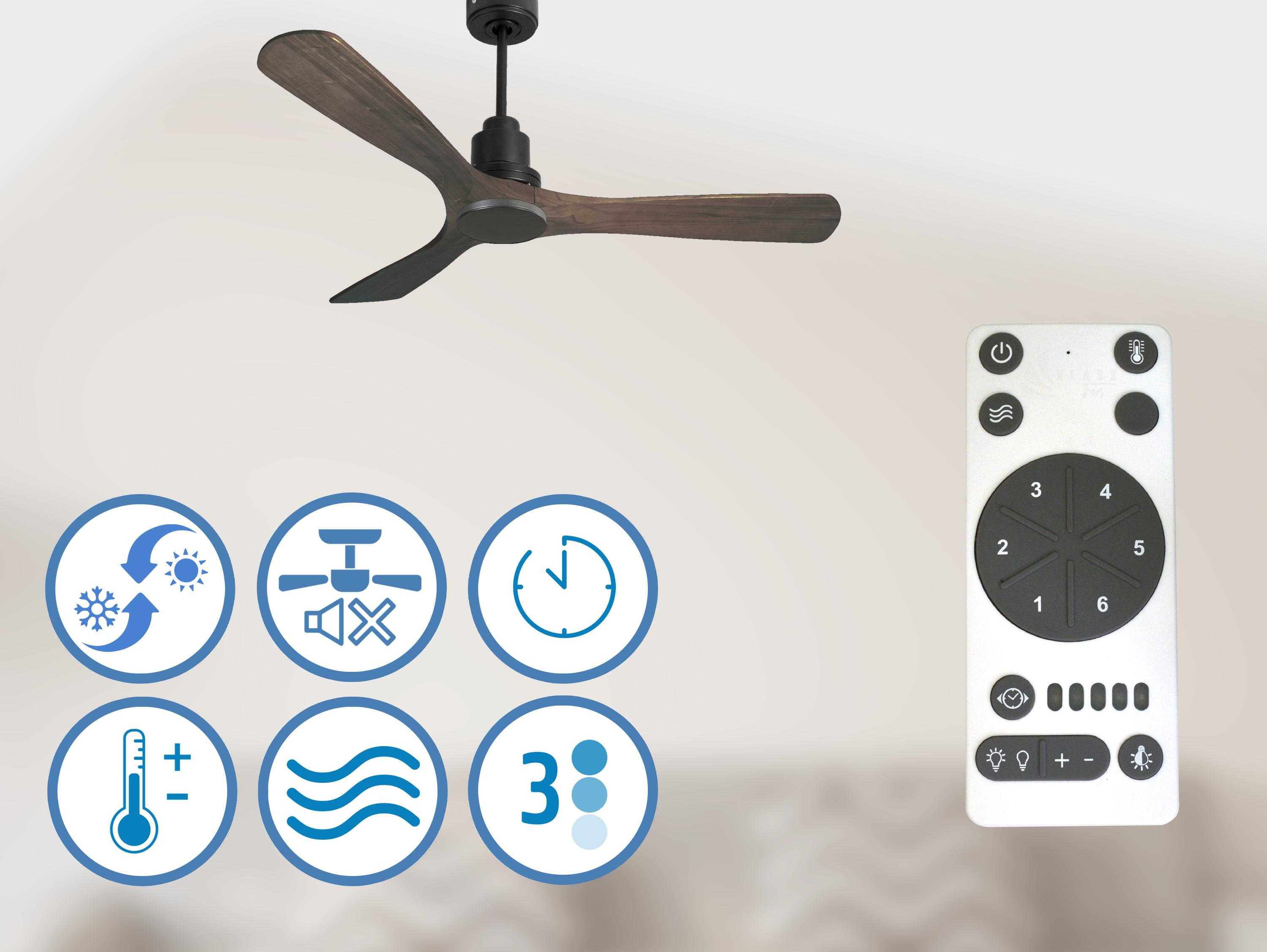 Ventilador de techo con aspas de madera oscura, mando a distancia e iconos de funciones. Ventilador de madera oscura, fondo blanco.