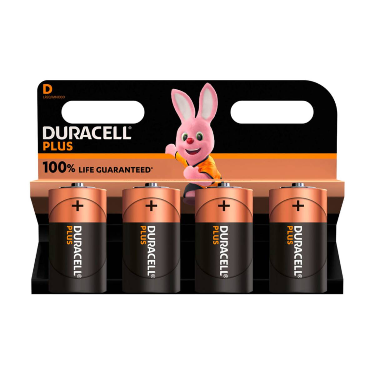 Quattro batterie Duracell D in una confezione, con un coniglietto rosa.