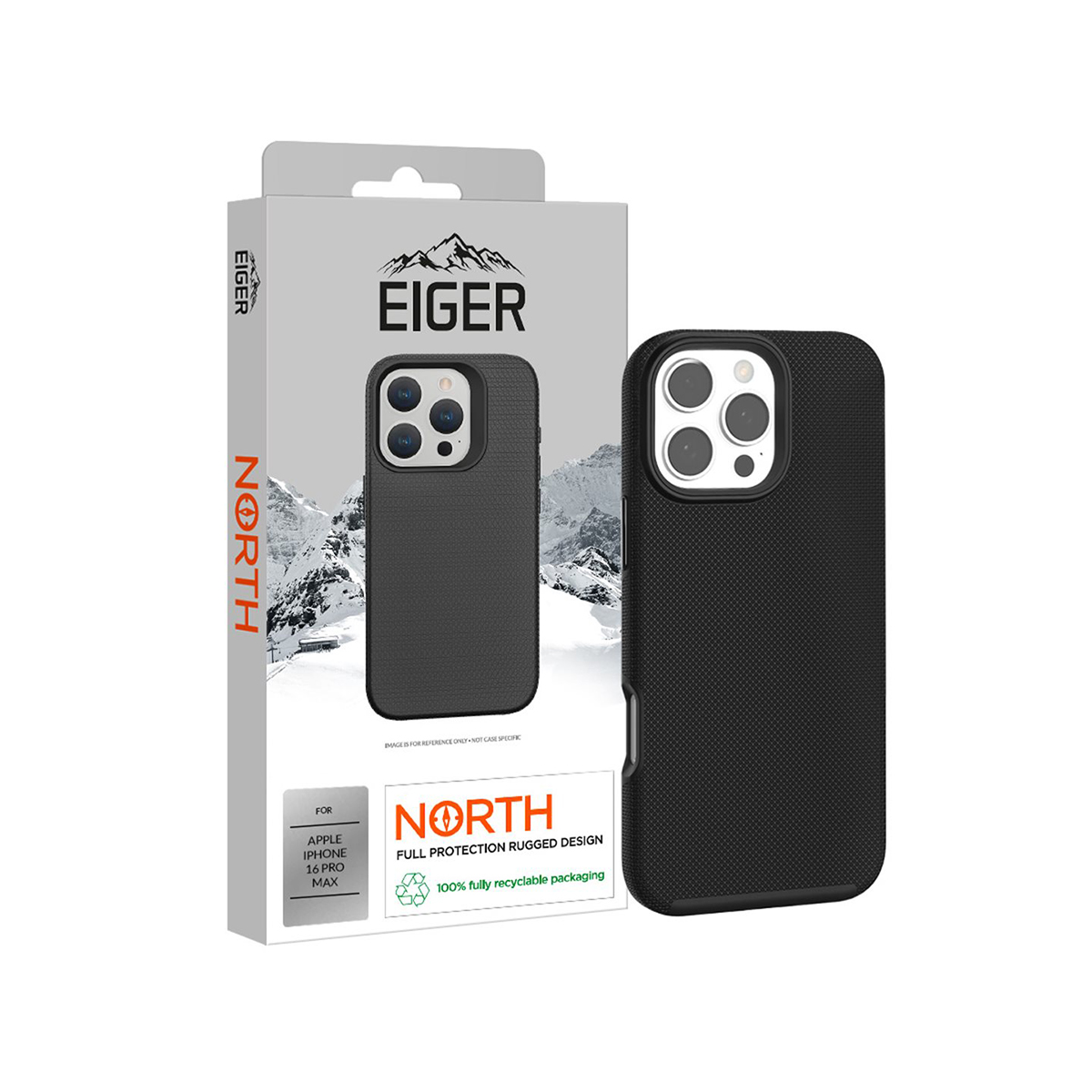 Custodia nera e scatola, marchio Eiger. Per Apple iPhone 14 Pro Max, design robusto e riciclabile.