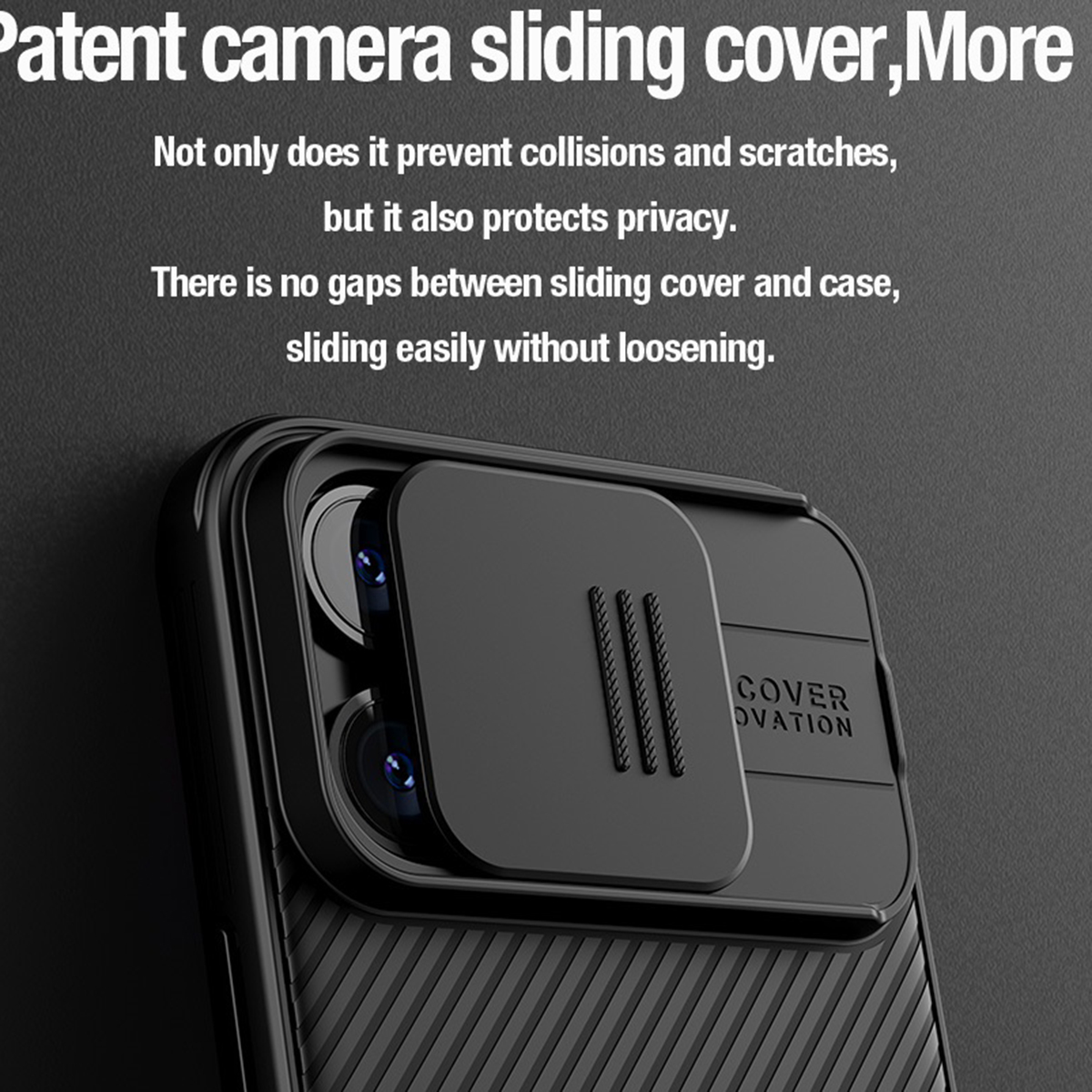 Coque de téléphone noire avec cache caméra coulissant, gros plan. Le texte est visible.