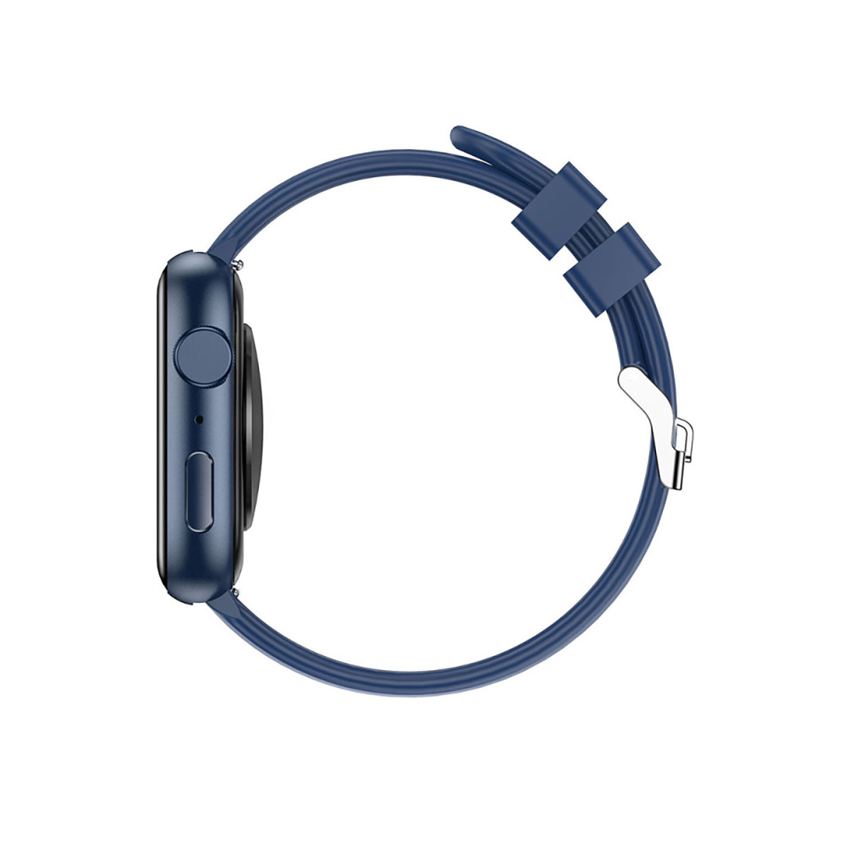 Ciemnoniebieski smartwatch z pasującym paskiem, widok z boku, na białym tle.