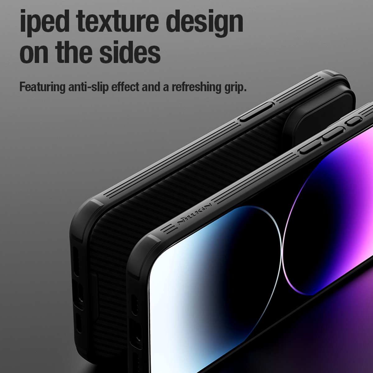 Deux coques de téléphone noires. Le côté de la coque est texturé et comporte des boutons. Le téléphone n'est pas montré.