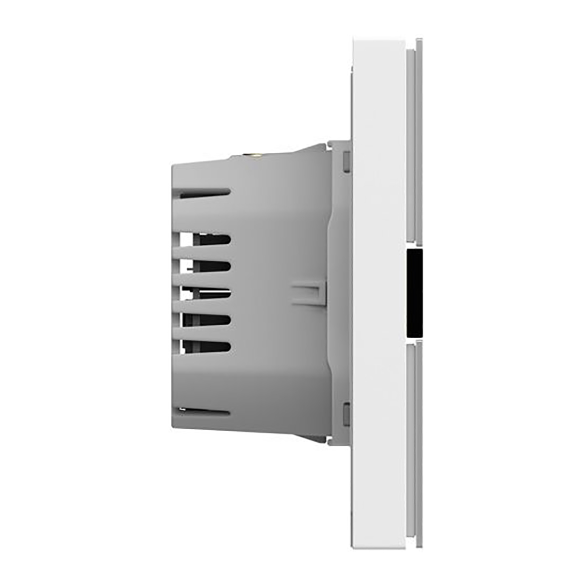 Biały włącznik ścienny, zamontowany na ścianie. Włącznik ma widoczny szary element wewnętrzny.