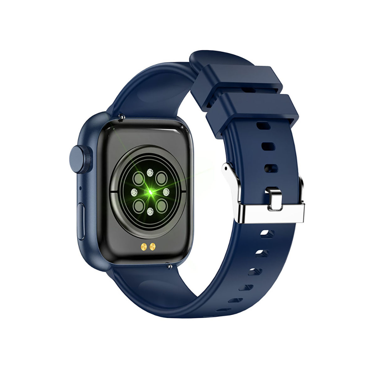 Smartwatch. Niebieski pasek, czarny ekran, tył z czujnikami, srebrna klamra.