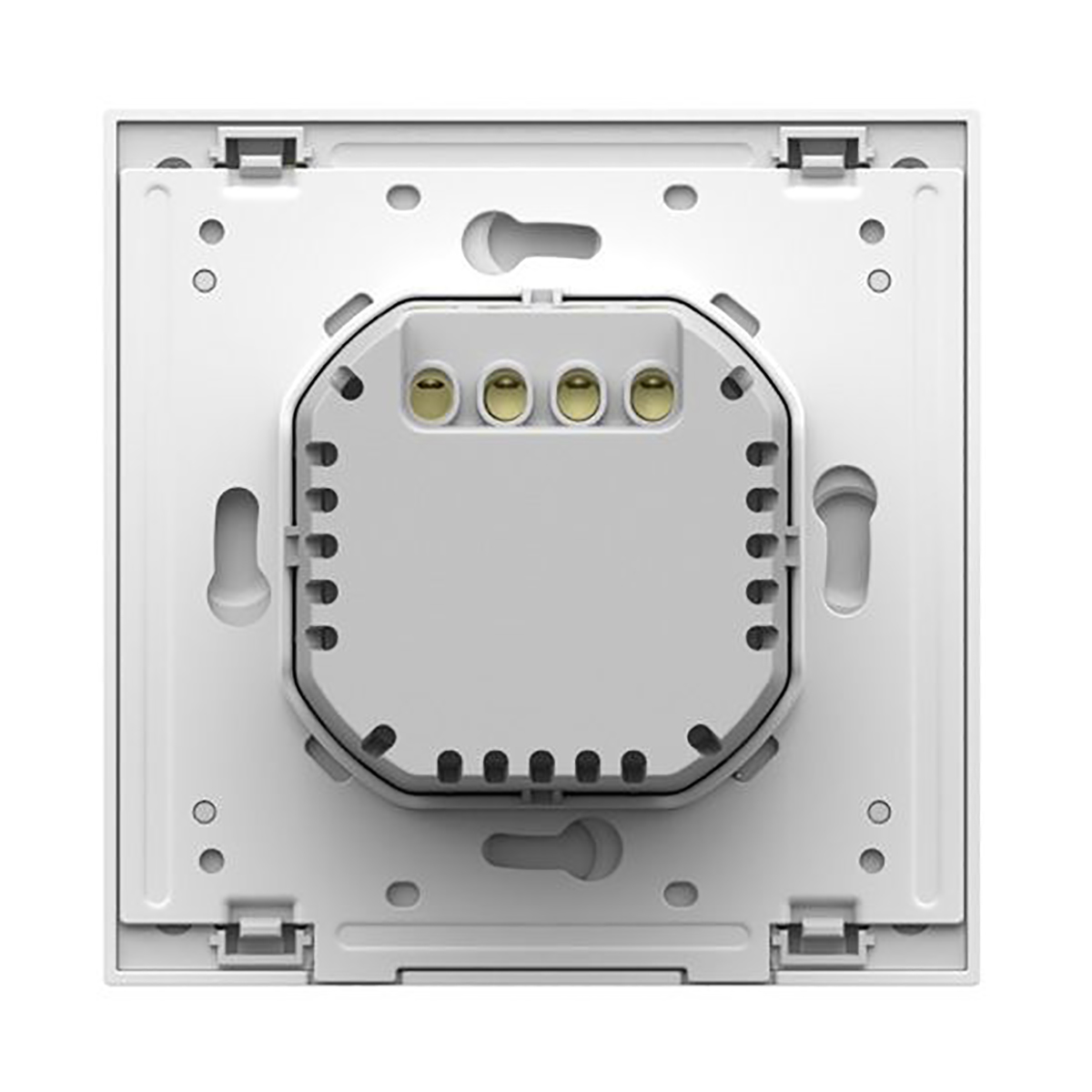 Tył białego inteligentnego przełącznika, z widocznymi zaciskami i otworami montażowymi.