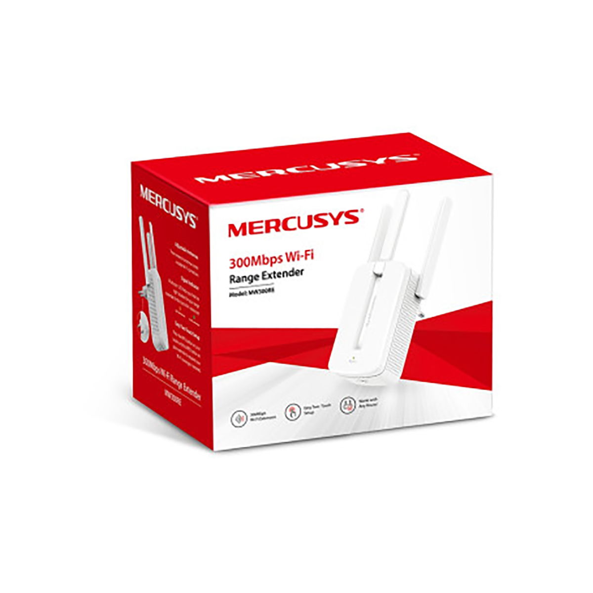 Caja blanca de extensor de rango Wi-Fi Mercusys con fondo blanco.