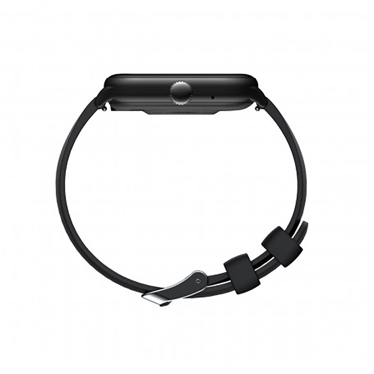 Czarny smartwatch z czarnym paskiem. Zegarek jest na białym tle.