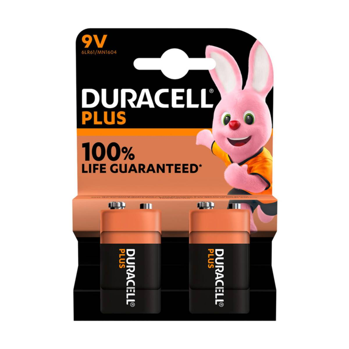 Duracell Plus Batterien in einer Packung. Enthält ein rosa Bunny-Maskottchen mit Text.