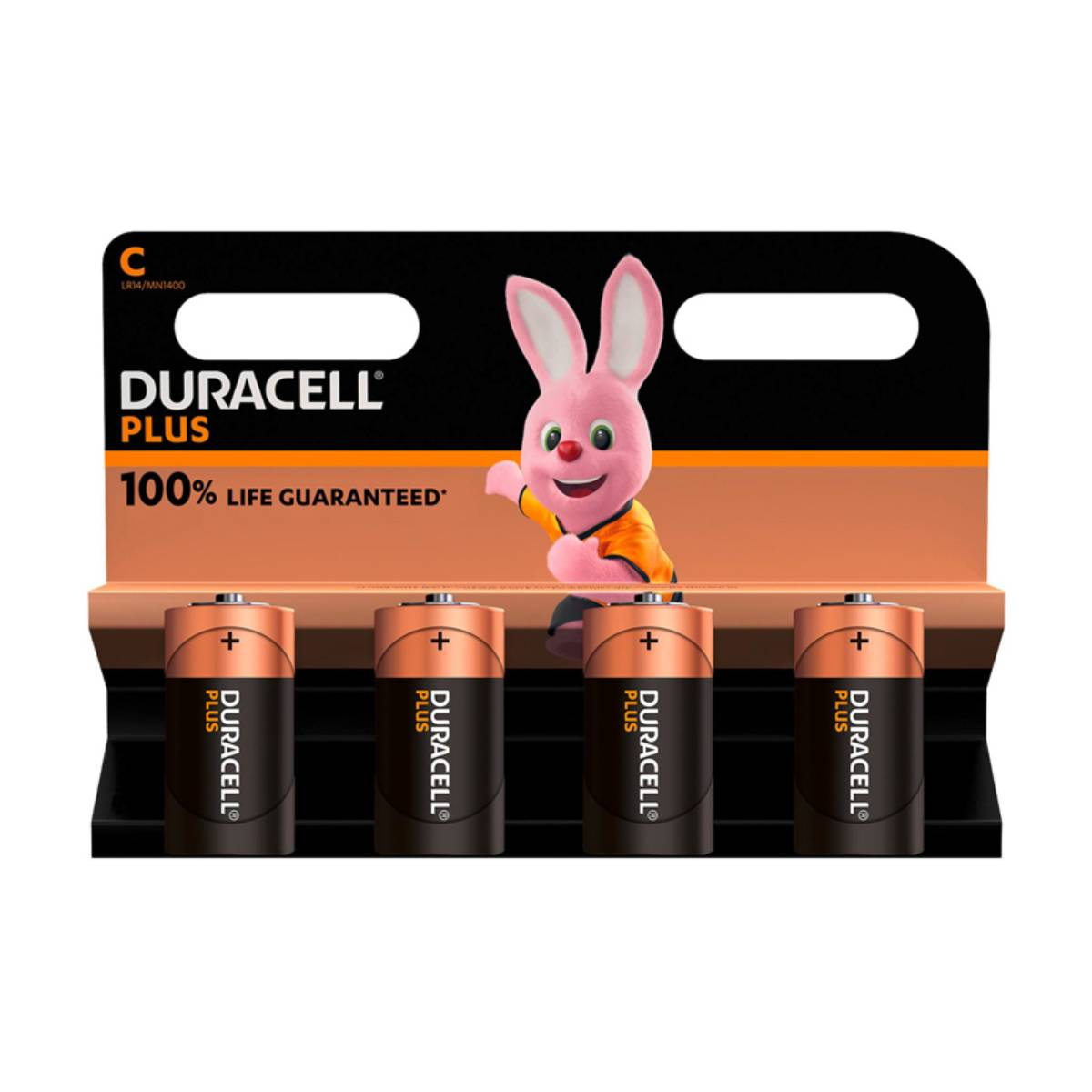 Baterie Duracell Plus w opakowaniu. Zawiera różową maskotkę królika z tekstem.