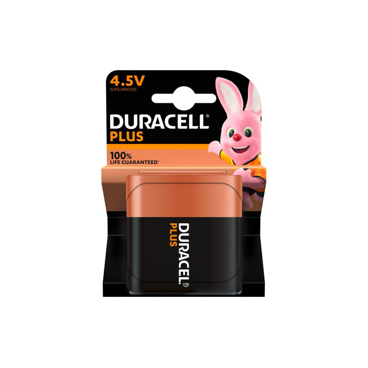 Duracell Plus Batteriepack. Enthält ein rosa Bunny-Maskottchen mit Text.