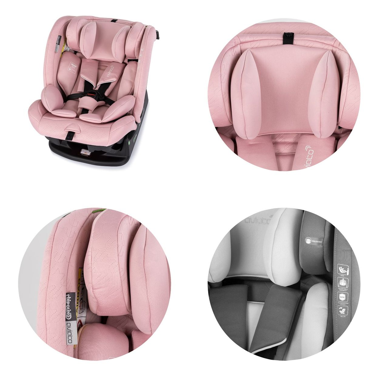 Rosa Autositz mit Kopfstützen-Details. Mehrere Ansichten des Sitzes, mit 'aviatco' Logo und Sicherheitsmerkmalen.