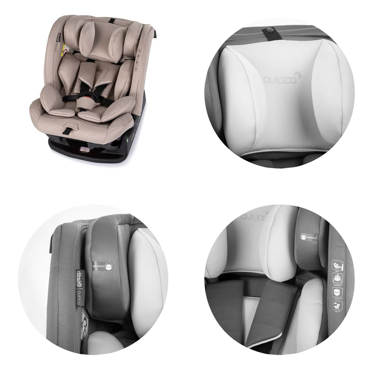 Beiger Autositz mit Kopfstützen-Details. Mehrere Ansichten des Sitzes, mit 'aviatco' Logo und Sicherheitsmerkmalen.