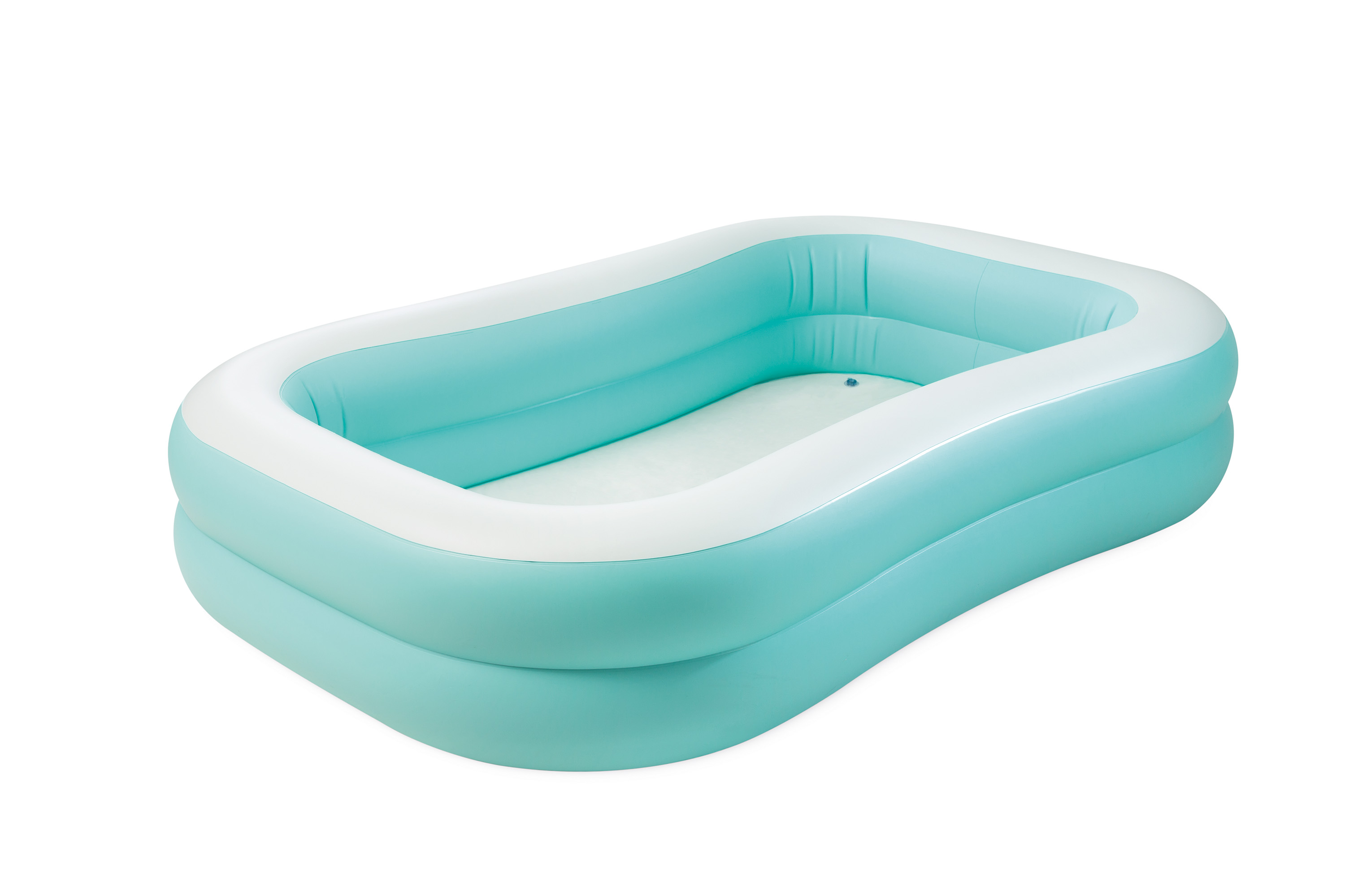 Ein aufblasbarer rechteckiger Pool. Er ist hellblau mit weißem Rand, vor weißem Hintergrund.