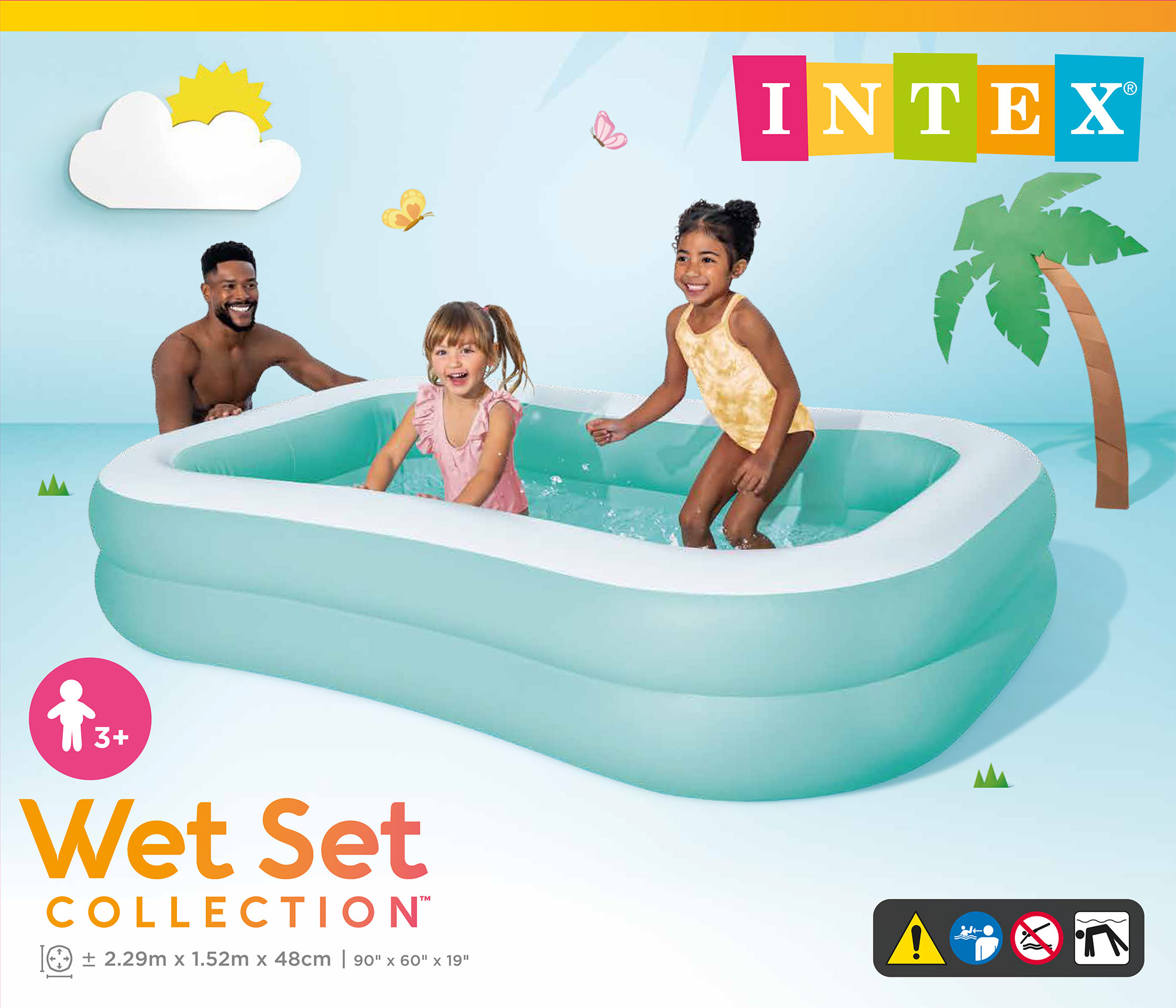 Ein aufblasbarer Pool von Intex mit drei Personen, Sonne und Schmetterlingsillustrationen. Der Text lautet Wet Set Collection.