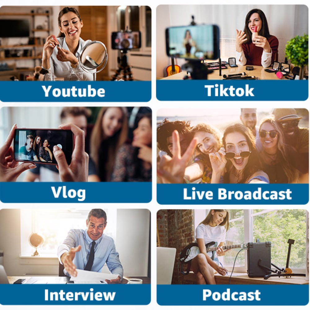 Bilder zeigen Content-Erstellung: YouTube, TikTok, Vlog, Live Broadcast, Interview, Podcast. Personen benutzen Telefone, Kameras und Instrumente.