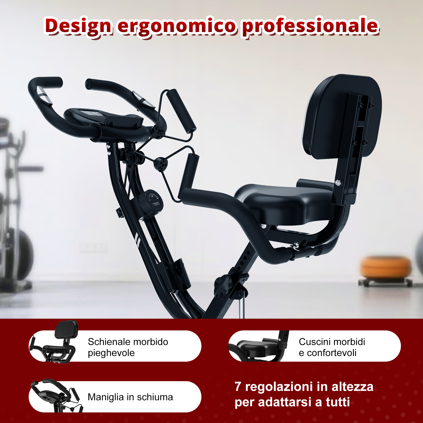 Cyclette con testo: Design ergonomico professionale, schienale morbido, impugnatura in schiuma, 7 regolazioni in altezza.