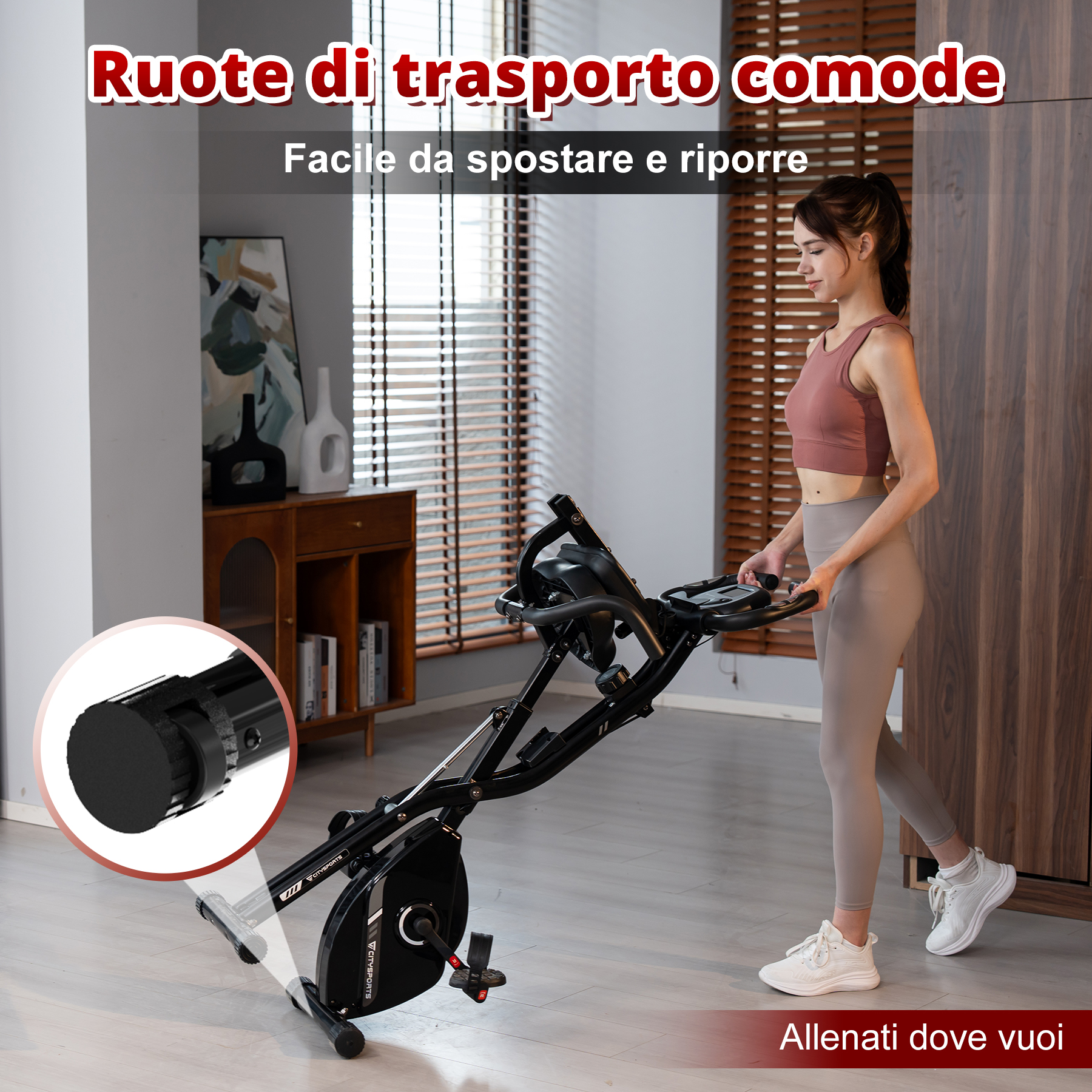 Donna che usa una cyclette. Testo: Comode ruote di trasporto. Allenati dove vuoi.