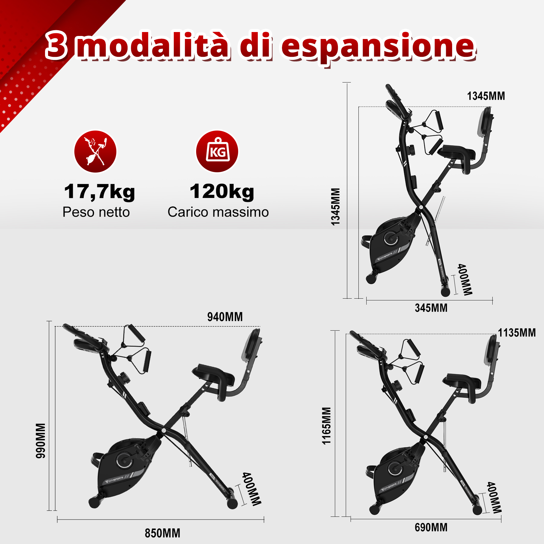 Diagramma delle dimensioni della cyclette in mm. Mostra diverse configurazioni con peso netto e carico massimo.